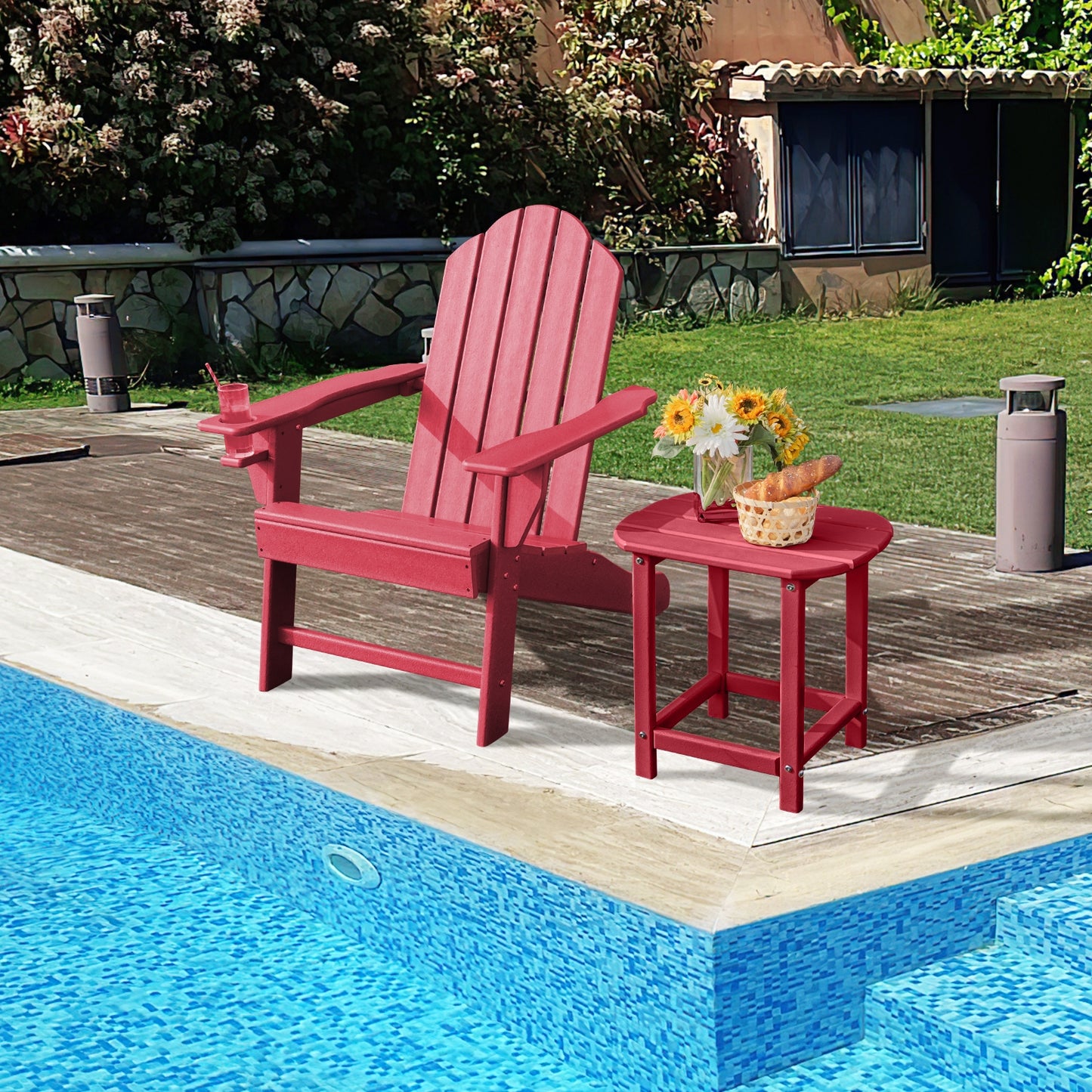 Outdoor Adirondack Chair with Built-in Cup Holder for Backyard Porch, Red Adirondack Chairs   at Gallery Canada