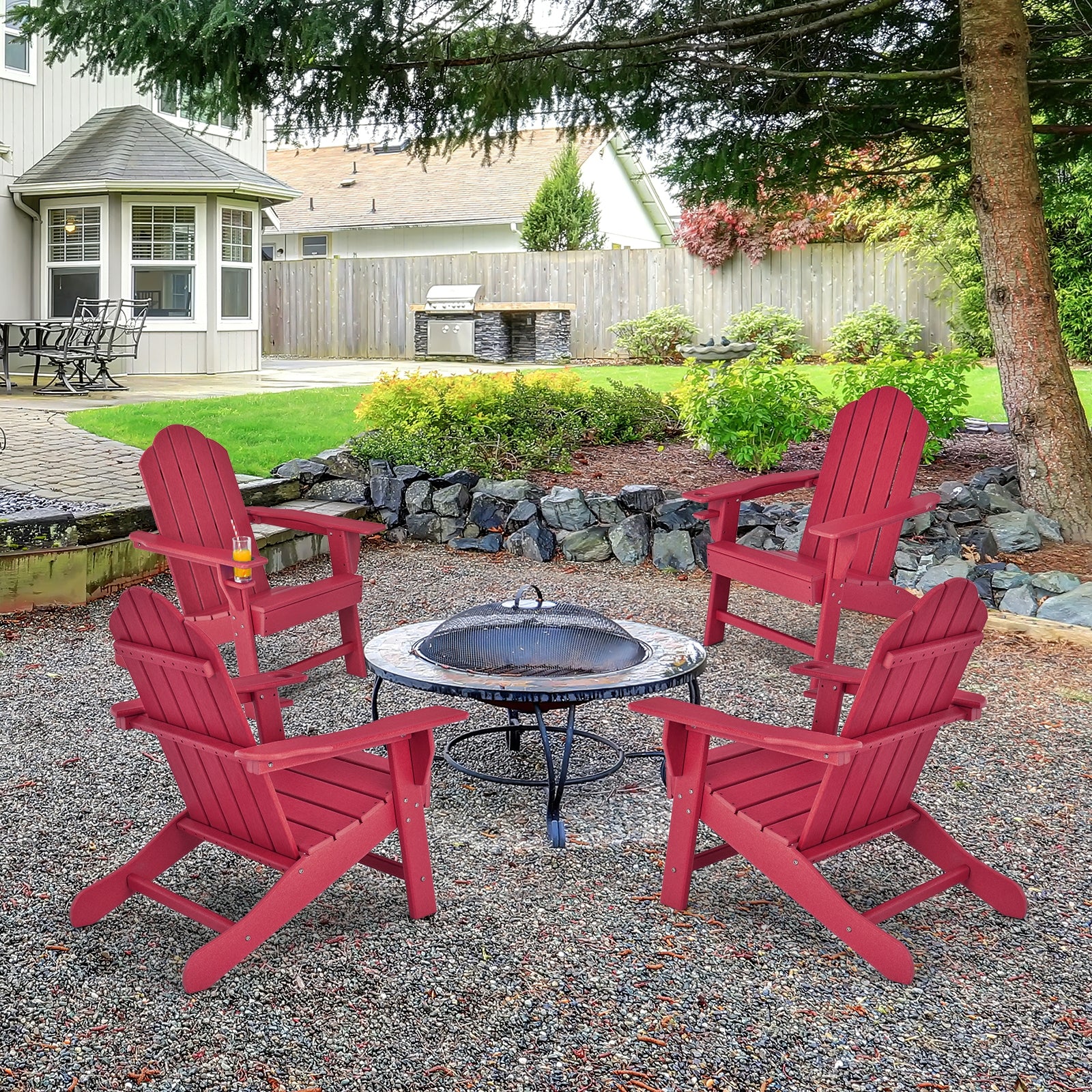 Outdoor Adirondack Chair with Built-in Cup Holder for Backyard Porch, Red Adirondack Chairs   at Gallery Canada