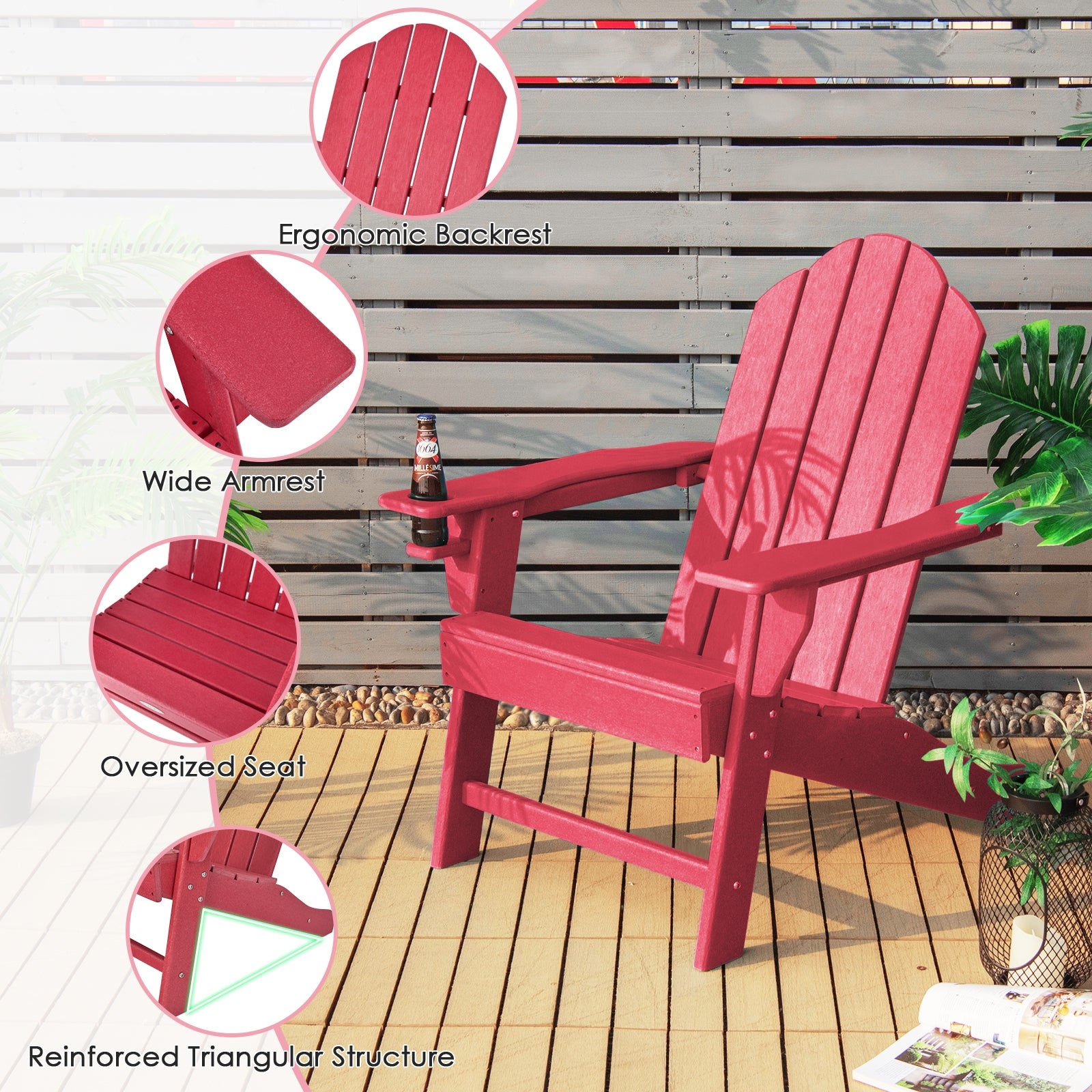 Outdoor Adirondack Chair with Built-in Cup Holder for Backyard Porch, Red Adirondack Chairs   at Gallery Canada