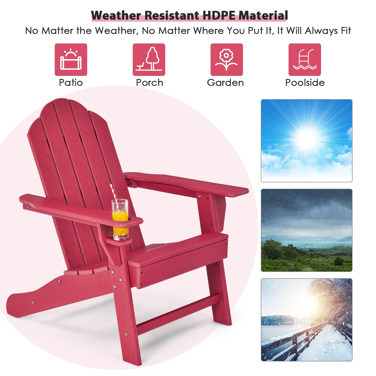 Outdoor Adirondack Chair with Built-in Cup Holder for Backyard Porch, Red Adirondack Chairs   at Gallery Canada