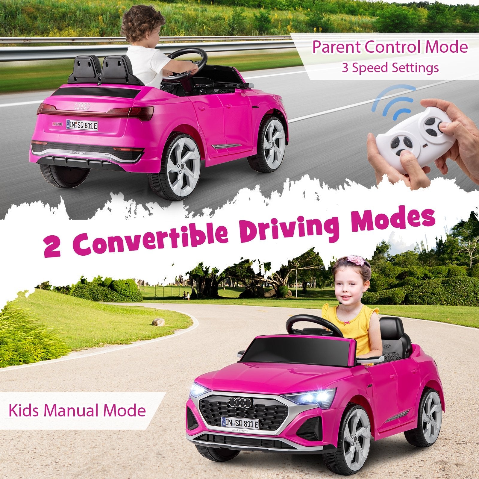 12V Kids Ride on Car Licensed Audi SQ8 with Remote Control and 3 Speeds, Pink Powered Ride On Toys   at Gallery Canada