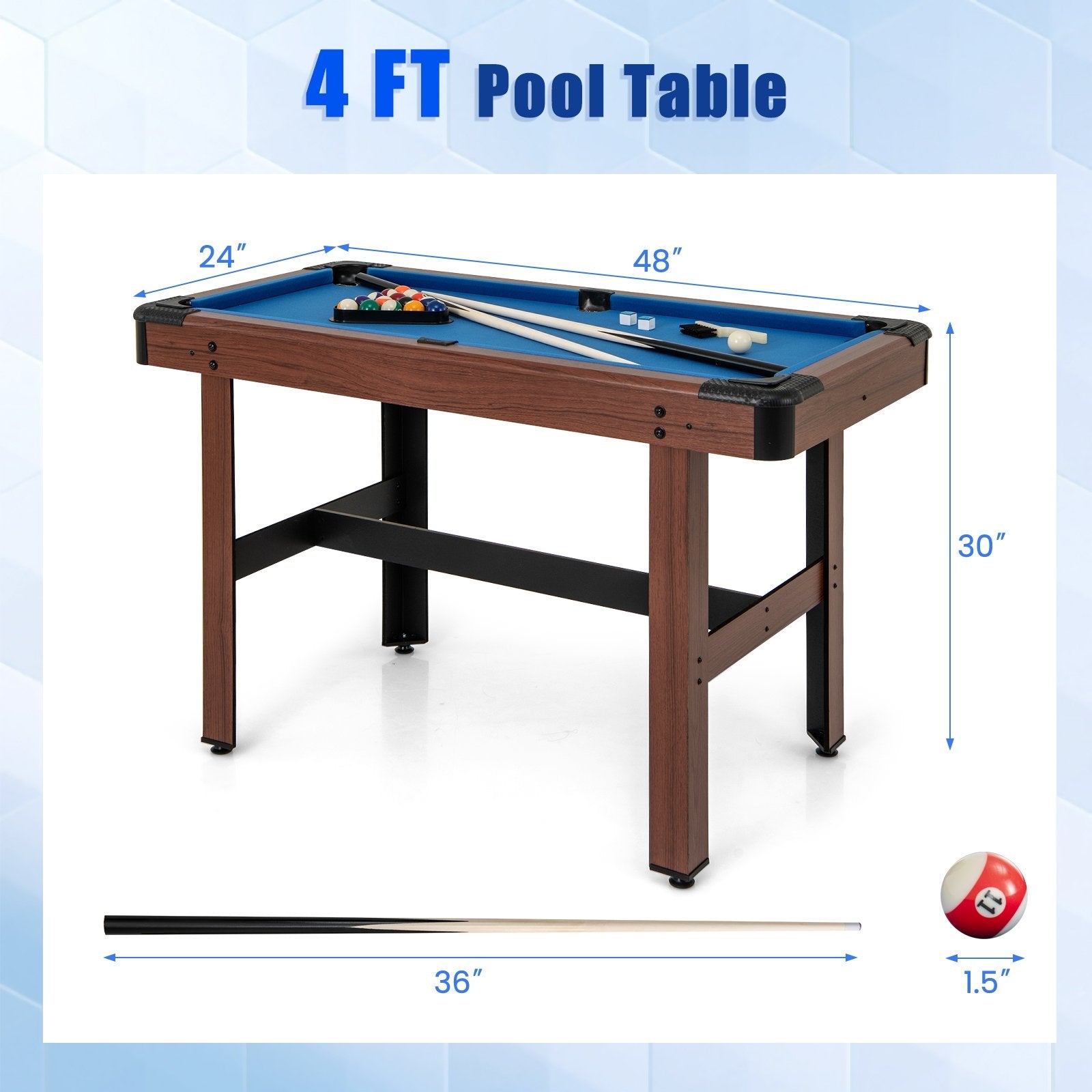 48 Inch Pool Wooden Game Table with Full Set of Ballsfor Kids and Adults, Blue Game Room   at Gallery Canada