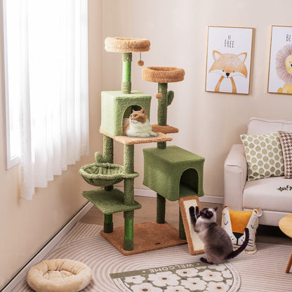 Multi-level Cactus Cat Tree with Scratching Posts Ladder Double Condos and Toys Bed, Green Cat Trees Condos & Scratchers   at Gallery Canada