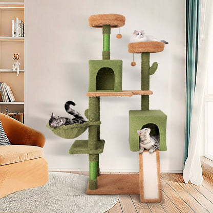 Multi-level Cactus Cat Tree with Scratching Posts Ladder Double Condos and Toys Bed, Green Cat Trees Condos & Scratchers   at Gallery Canada