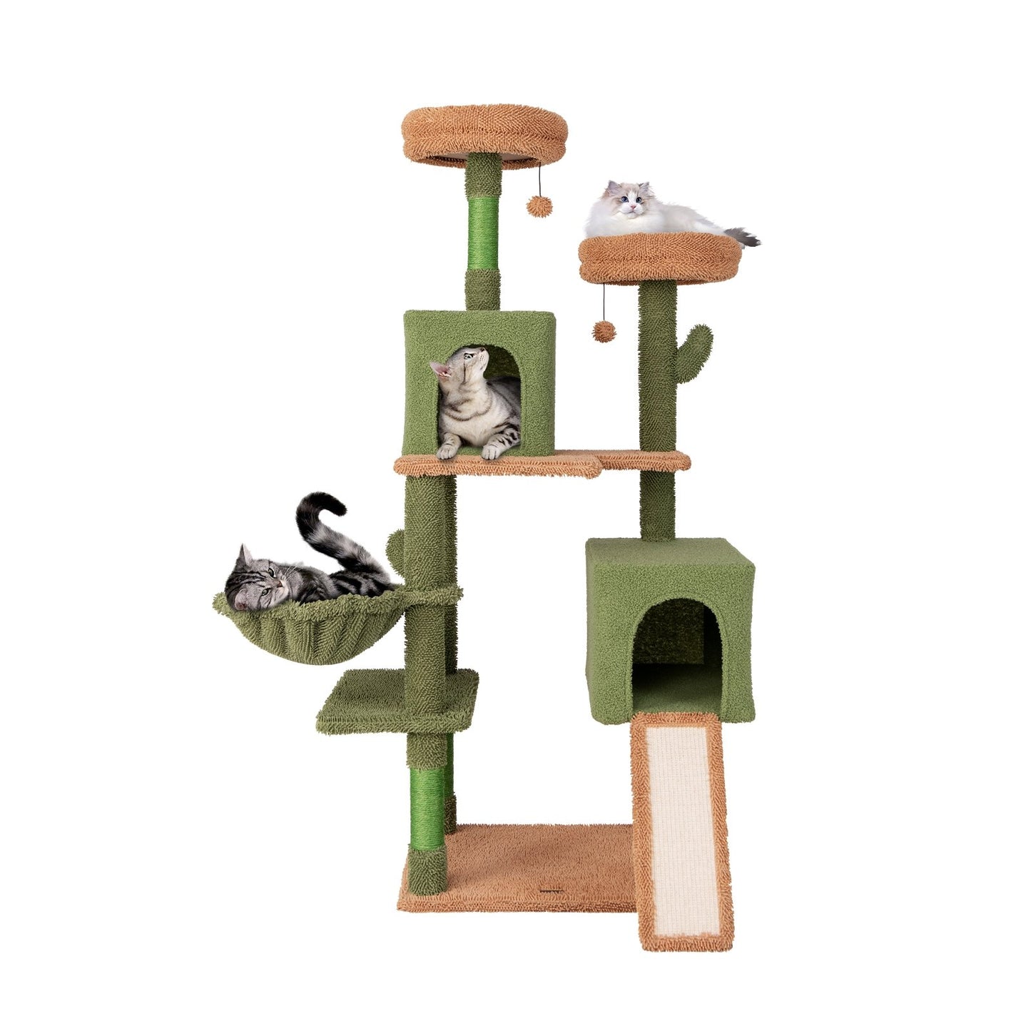 Multi-level Cactus Cat Tree with Scratching Posts Ladder Double Condos and Toys Bed, Green Cat Trees Condos & Scratchers   at Gallery Canada