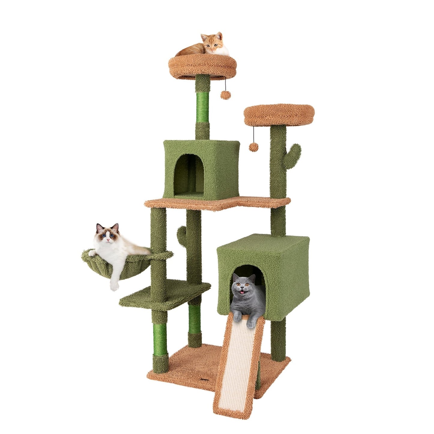 Multi-level Cactus Cat Tree with Scratching Posts Ladder Double Condos and Toys Bed, Green Cat Trees Condos & Scratchers   at Gallery Canada