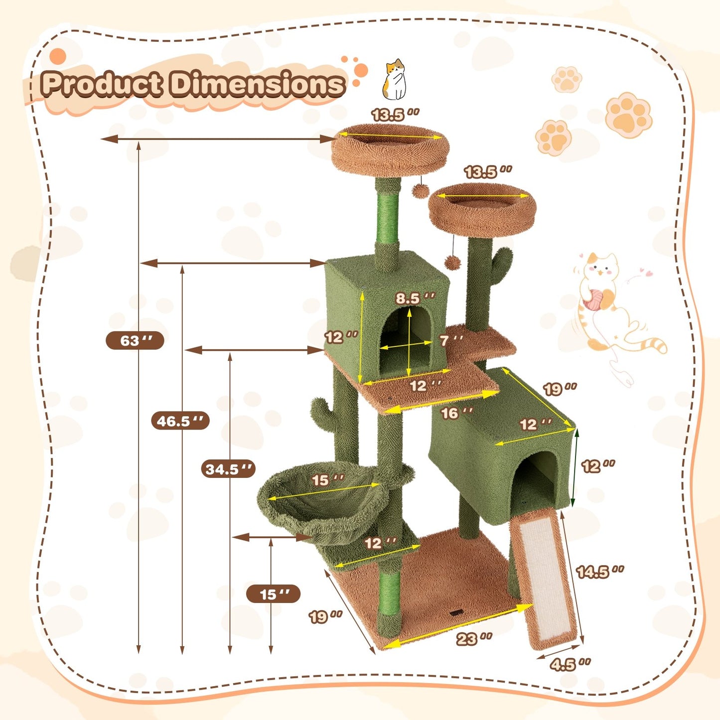 Multi-level Cactus Cat Tree with Scratching Posts Ladder Double Condos and Toys Bed, Green Cat Trees Condos & Scratchers   at Gallery Canada