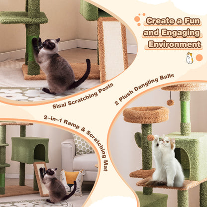 Multi-level Cactus Cat Tree with Scratching Posts Ladder Double Condos and Toys Bed, Green Cat Trees Condos & Scratchers   at Gallery Canada