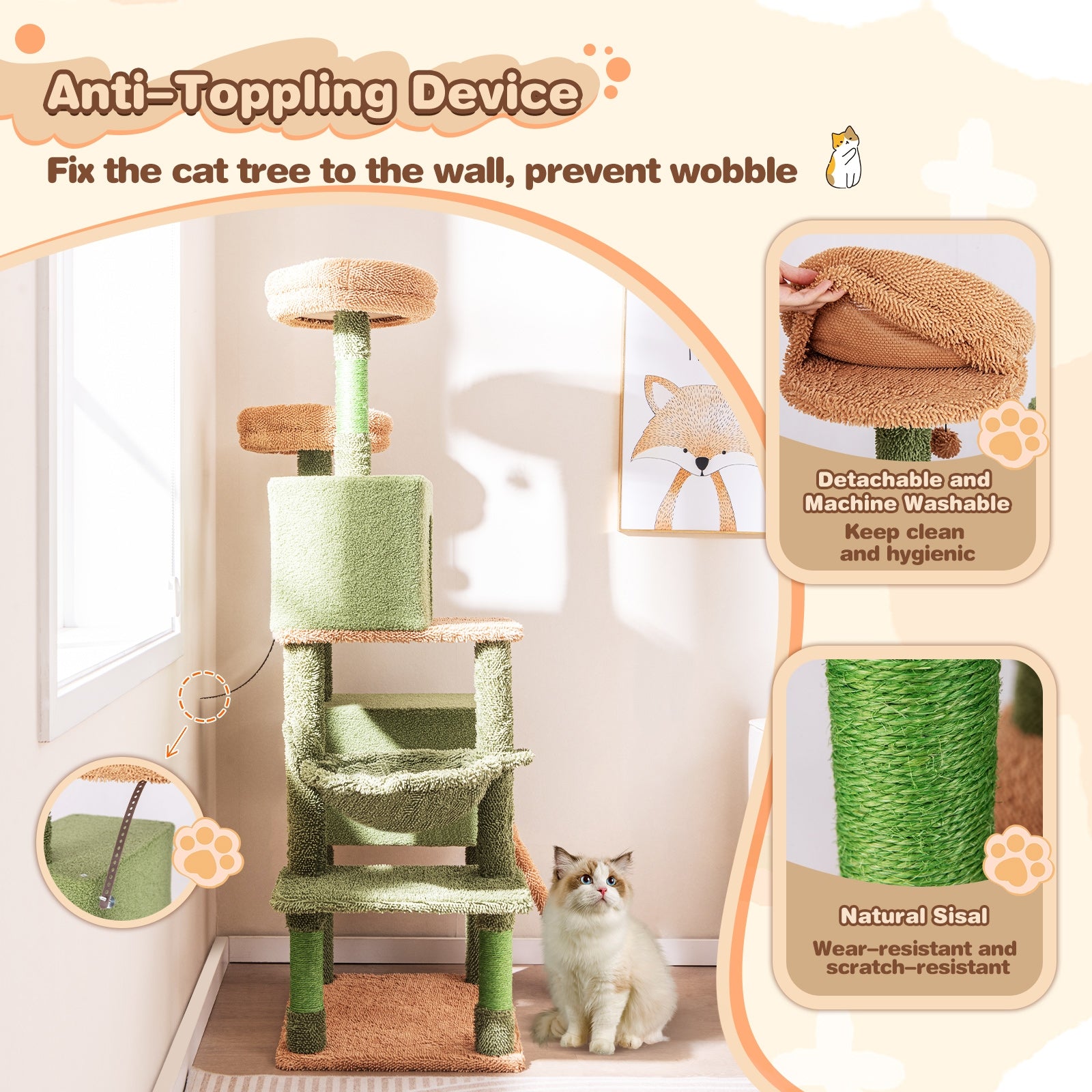 Multi-level Cactus Cat Tree with Scratching Posts Ladder Double Condos and Toys Bed, Green Cat Trees Condos & Scratchers   at Gallery Canada