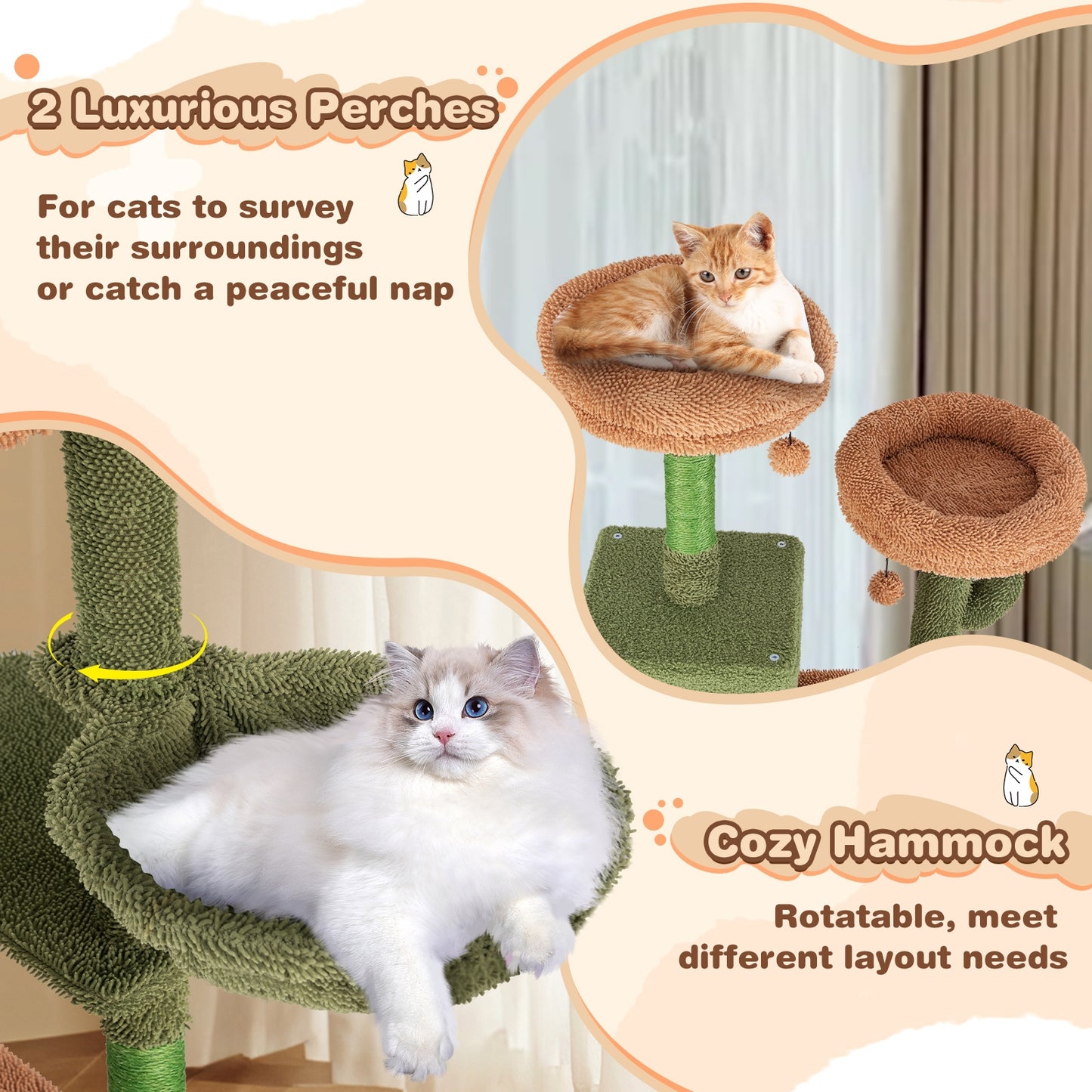 Multi-level Cactus Cat Tree with Scratching Posts Ladder Double Condos and Toys Bed, Green Cat Trees Condos & Scratchers   at Gallery Canada