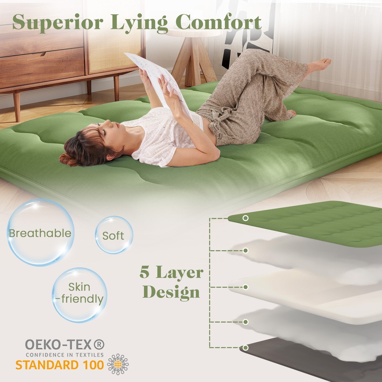 Floor Mattress with Washable Cover and Carry Bag-Queen Size, Green Mattresses   at Gallery Canada