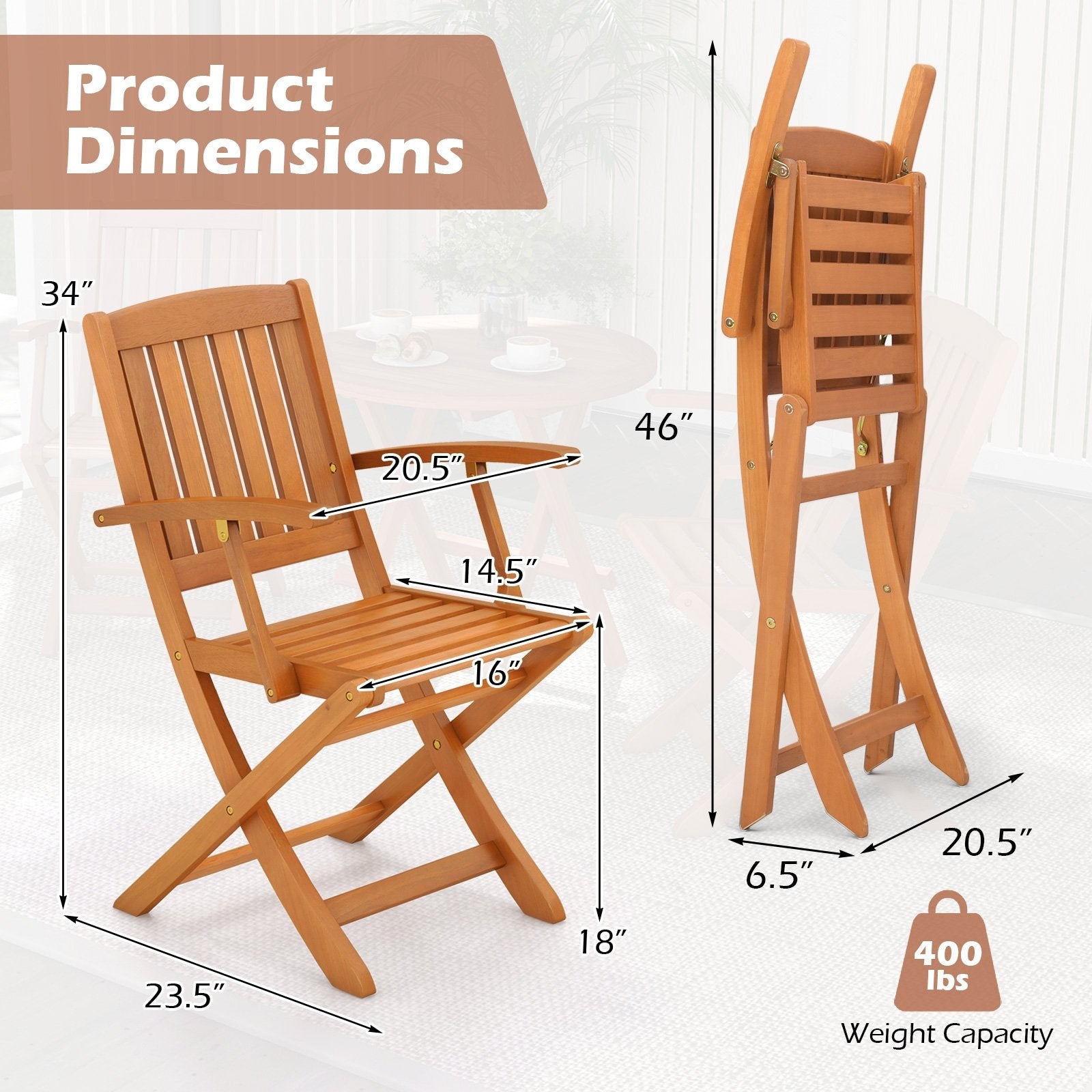 Patio Wood Folding Chair Set of 2 with Armrests and Slatted Seat, Natural Patio Dining Chairs   at Gallery Canada