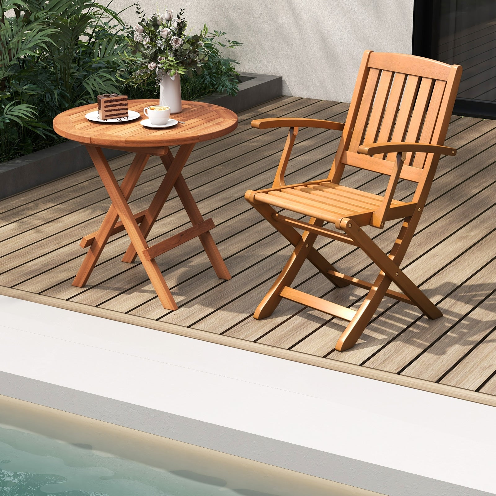 Patio Wood Folding Chair Set of 2 with Armrests and Slatted Seat, Natural Patio Dining Chairs   at Gallery Canada