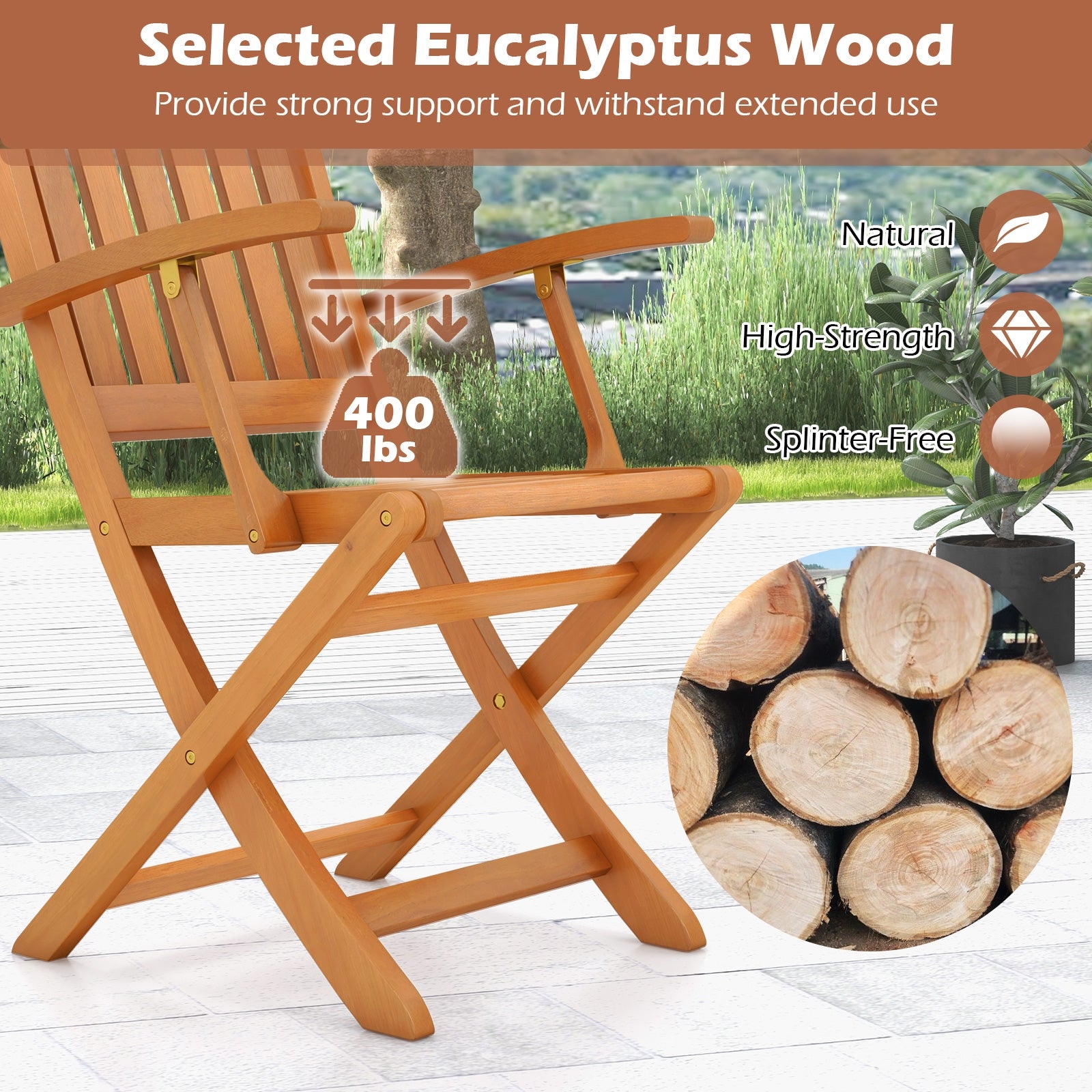 Patio Wood Folding Chair Set of 2 with Armrests and Slatted Seat, Natural Patio Dining Chairs   at Gallery Canada