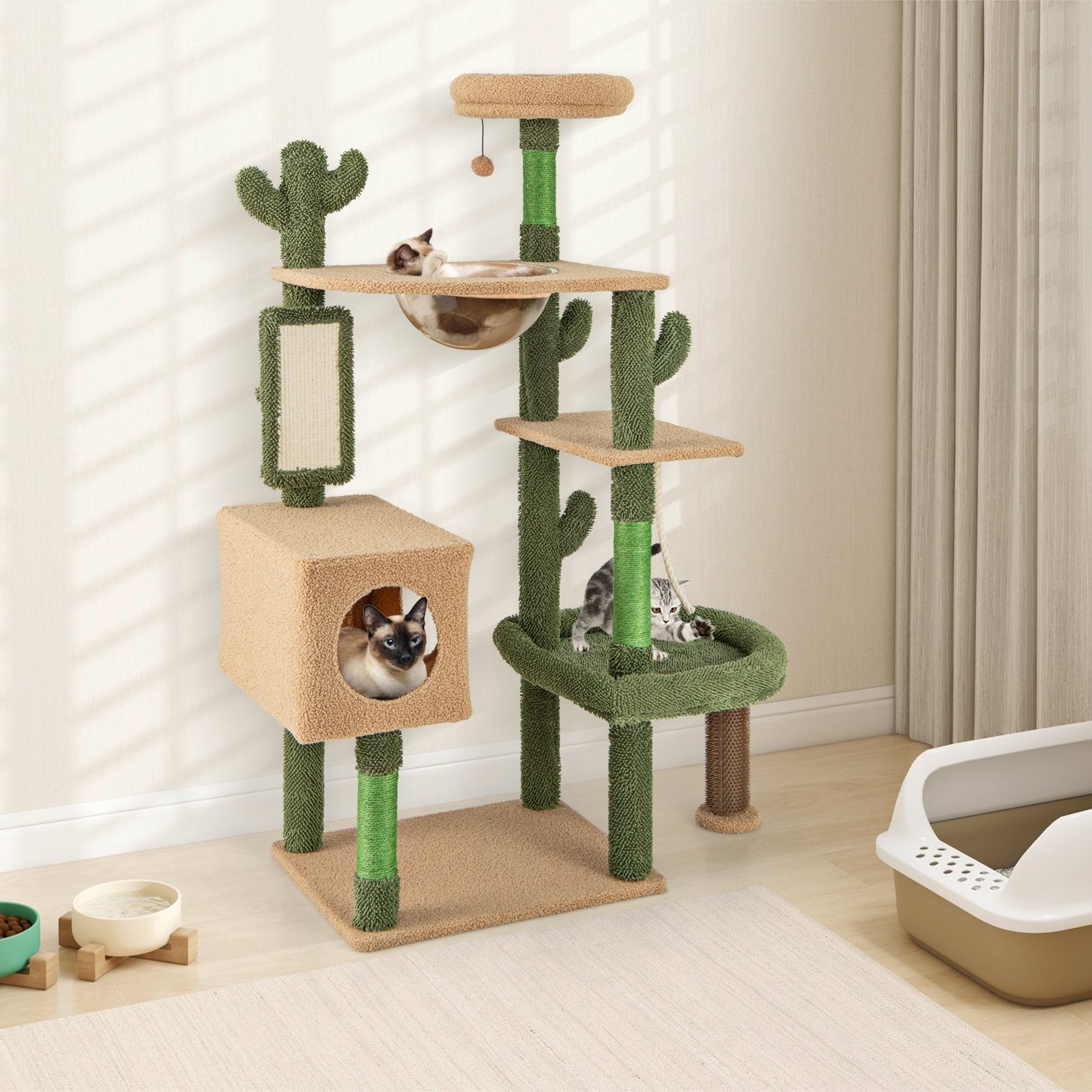 59 Inch Multilevel Cactus Cat Tree with Scratching Posts Cando Toy and Rope, Green Cat Trees Condos & Scratchers   at Gallery Canada