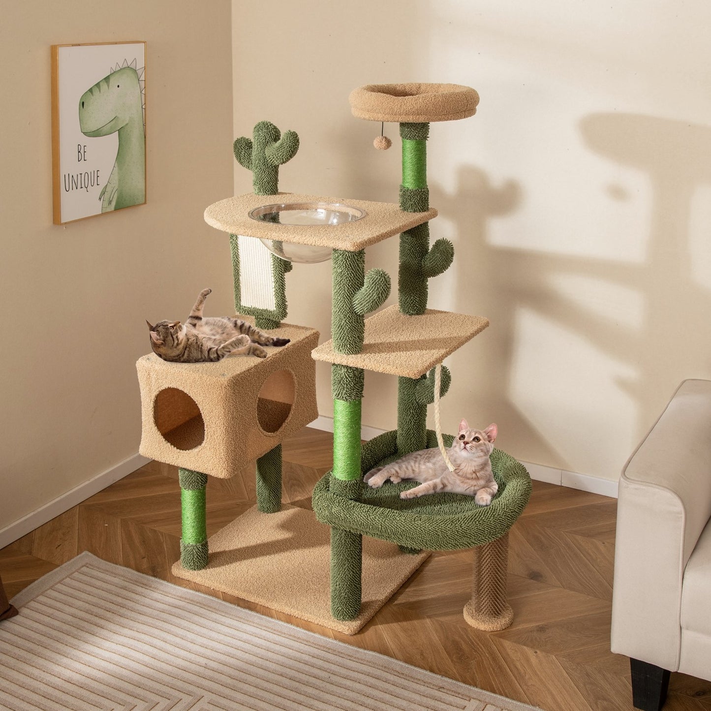 59 Inch Multilevel Cactus Cat Tree with Scratching Posts Cando Toy and Rope, Green Cat Trees Condos & Scratchers   at Gallery Canada