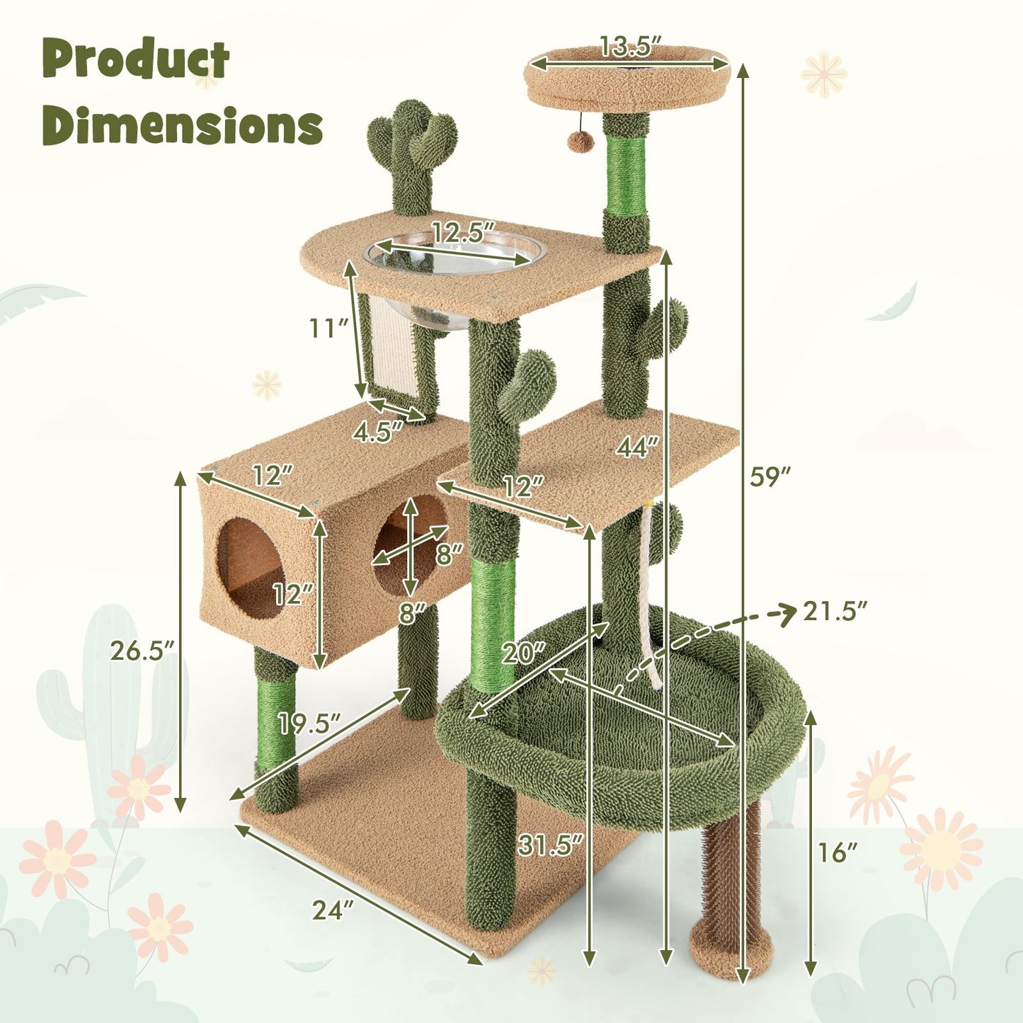 59 Inch Multilevel Cactus Cat Tree with Scratching Posts Cando Toy and Rope, Green Cat Trees Condos & Scratchers   at Gallery Canada