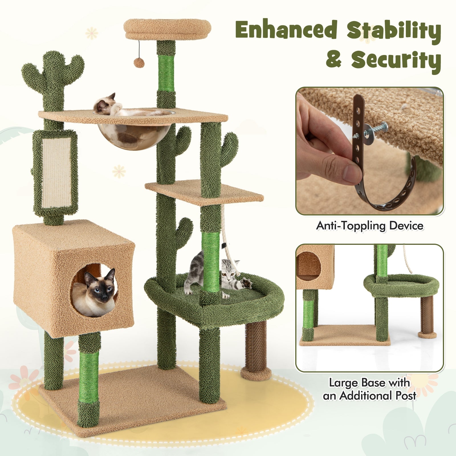 59 Inch Multilevel Cactus Cat Tree with Scratching Posts Cando Toy and Rope, Green Cat Trees Condos & Scratchers   at Gallery Canada