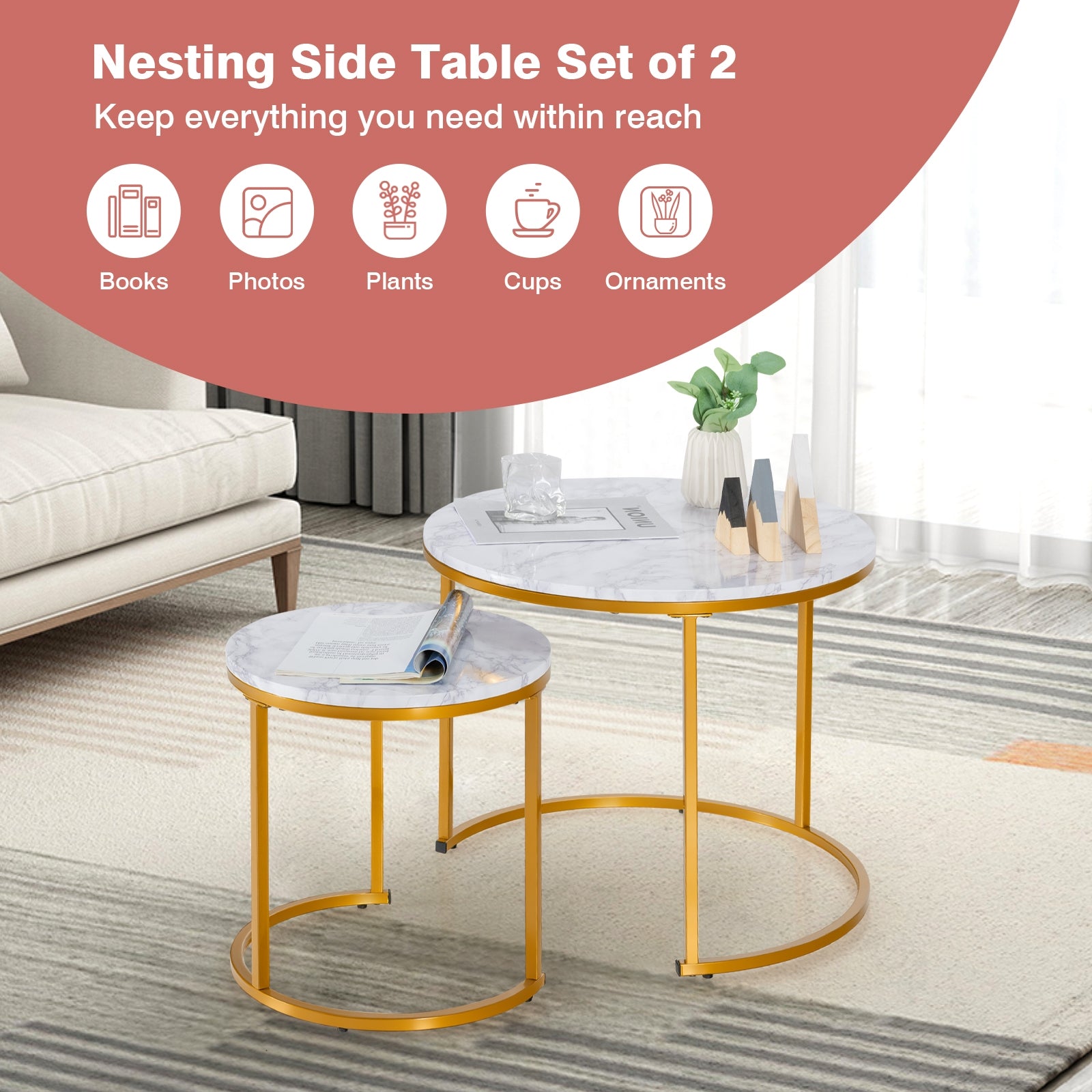 Set of 2 Modern Round Stacking Nesting Coffee Tables, Golden Coffee Tables   at Gallery Canada