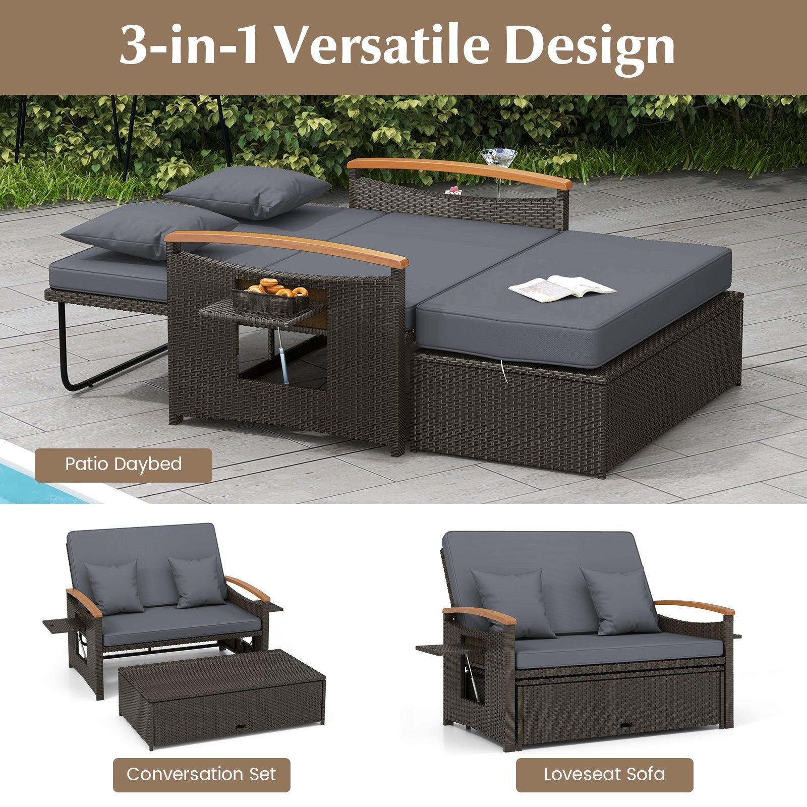 Outdoor Wicker Daybed with Folding Panels and Storage Ottoman, Gray Outdoor Seating & Patio Chairs   at Gallery Canada