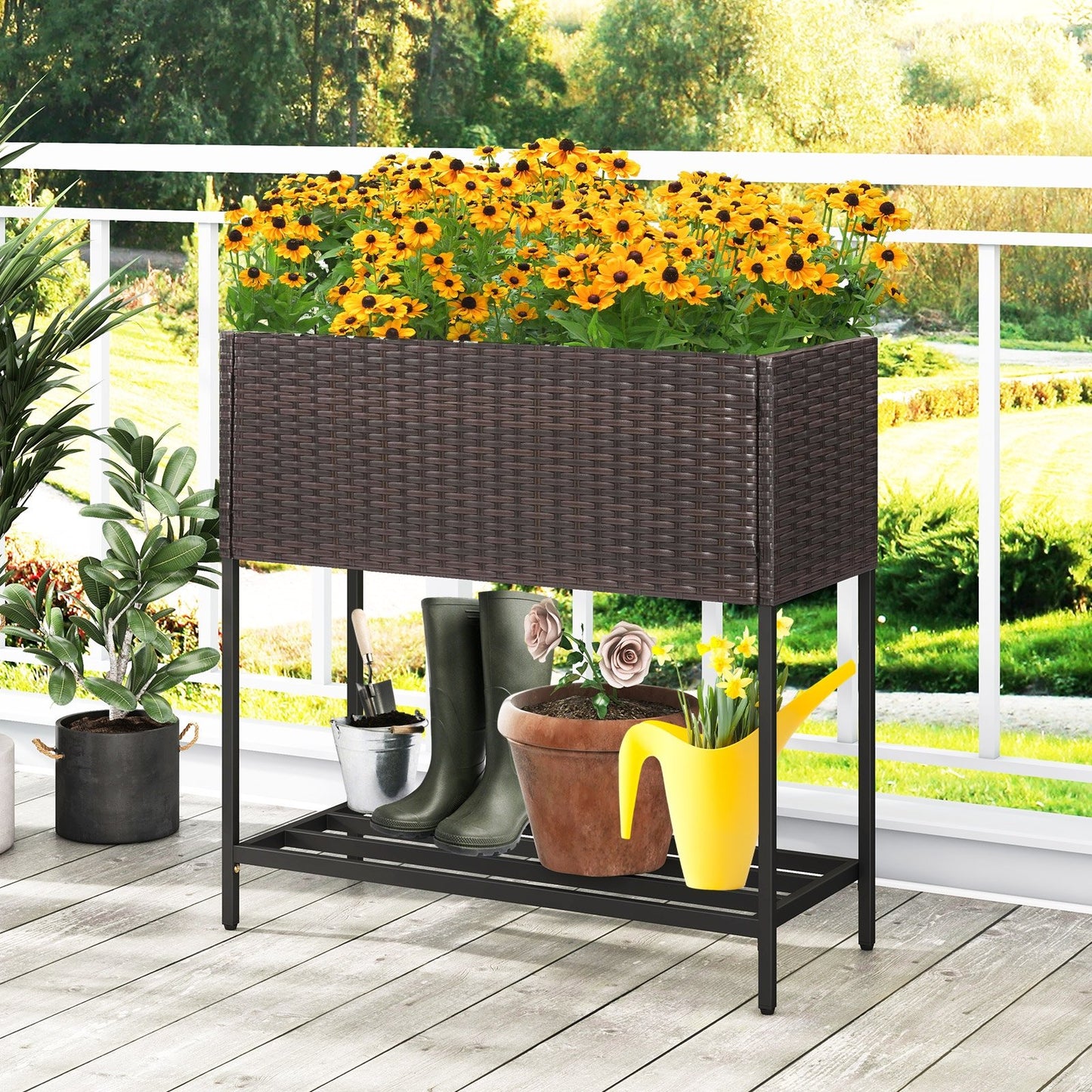 Wicker Raised Garden Bed with Storage Shelf and Removable Liner for Flowers, Brown Raised Garden Beds   at Gallery Canada