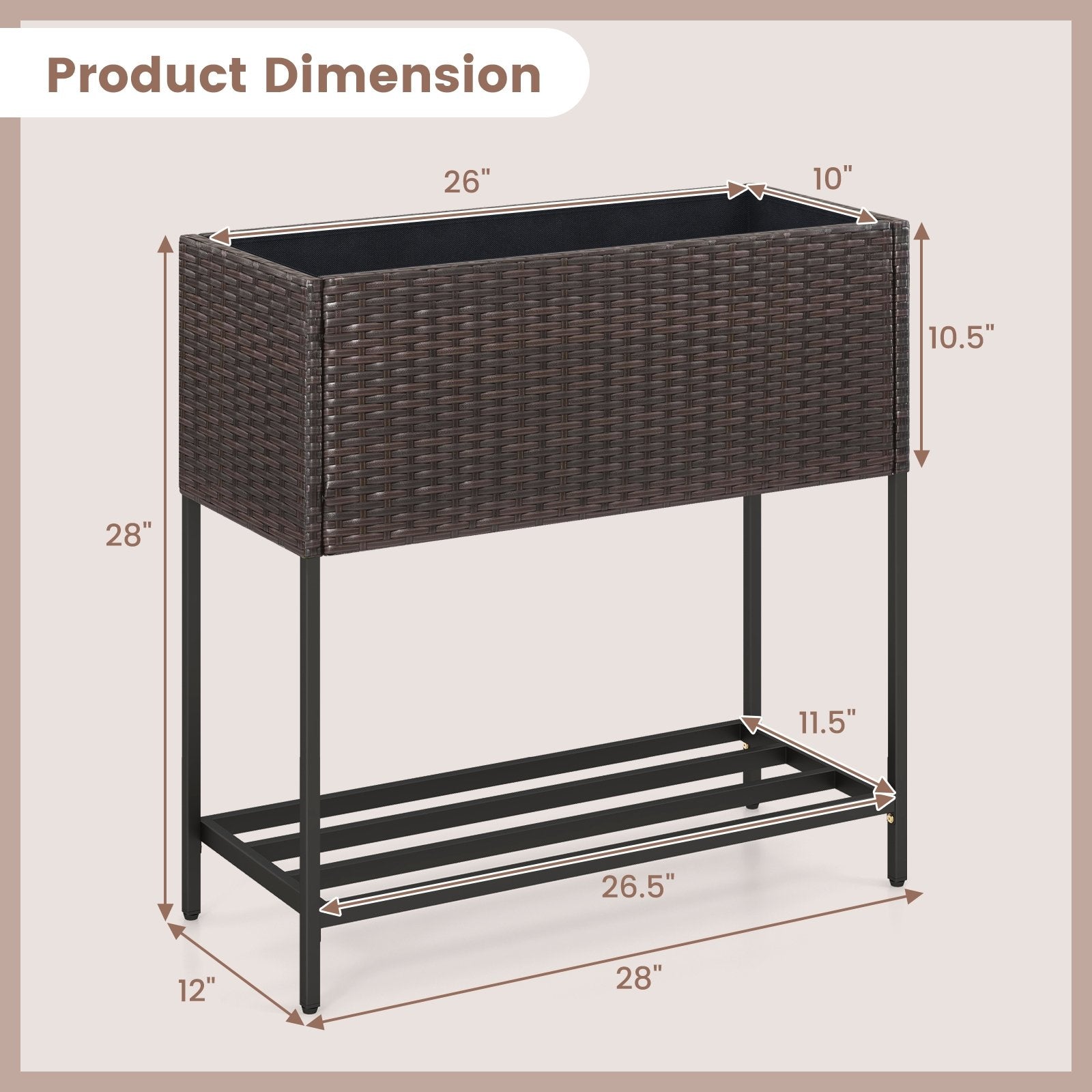 Wicker Raised Garden Bed with Storage Shelf and Removable Liner for Flowers, Brown Raised Garden Beds   at Gallery Canada