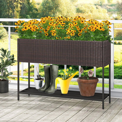 Wicker Raised Garden Bed with Storage Shelf and Drainage Gaps for Flowers, Brown Raised Garden Beds   at Gallery Canada