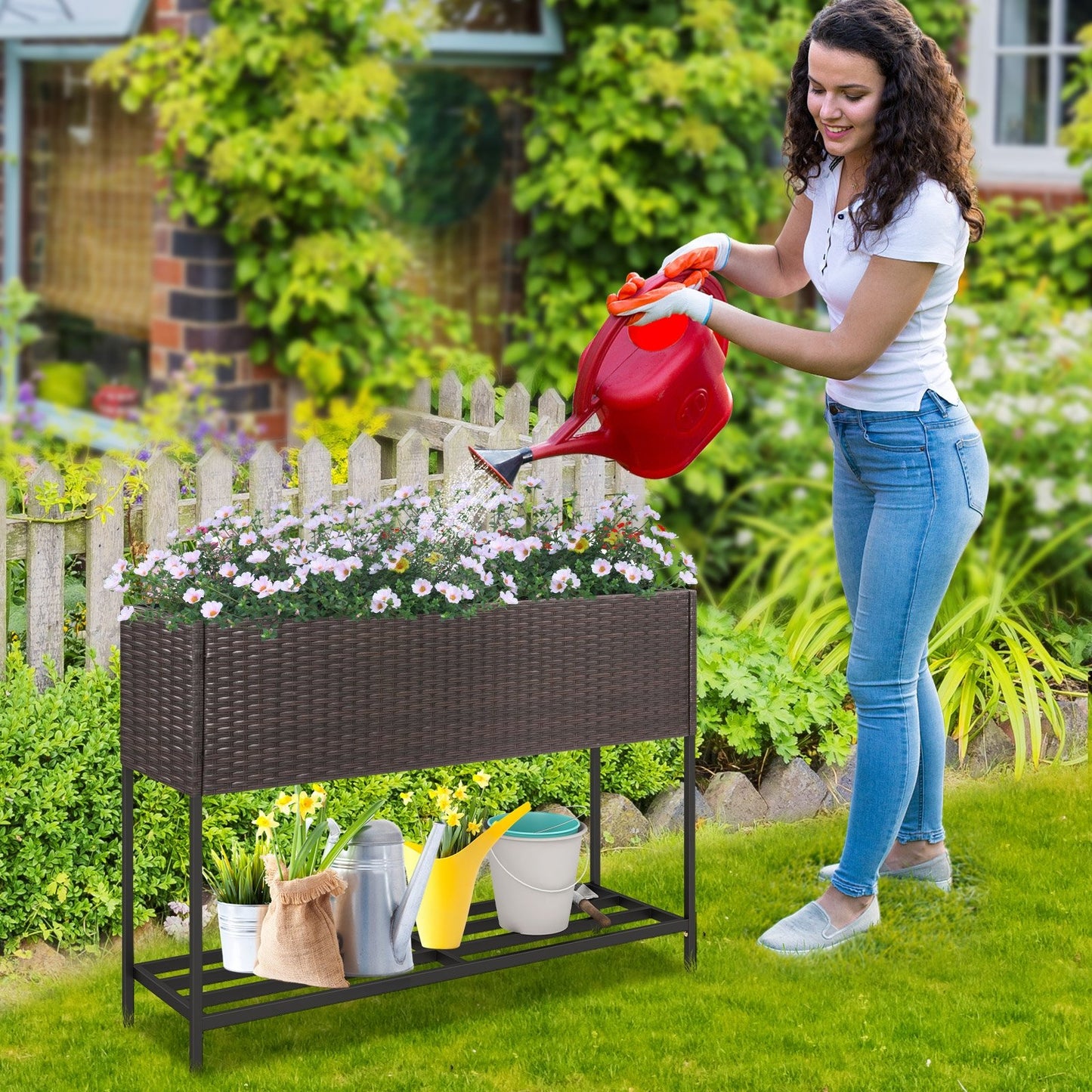 Wicker Raised Garden Bed with Storage Shelf and Drainage Gaps for Flowers, Brown Raised Garden Beds   at Gallery Canada