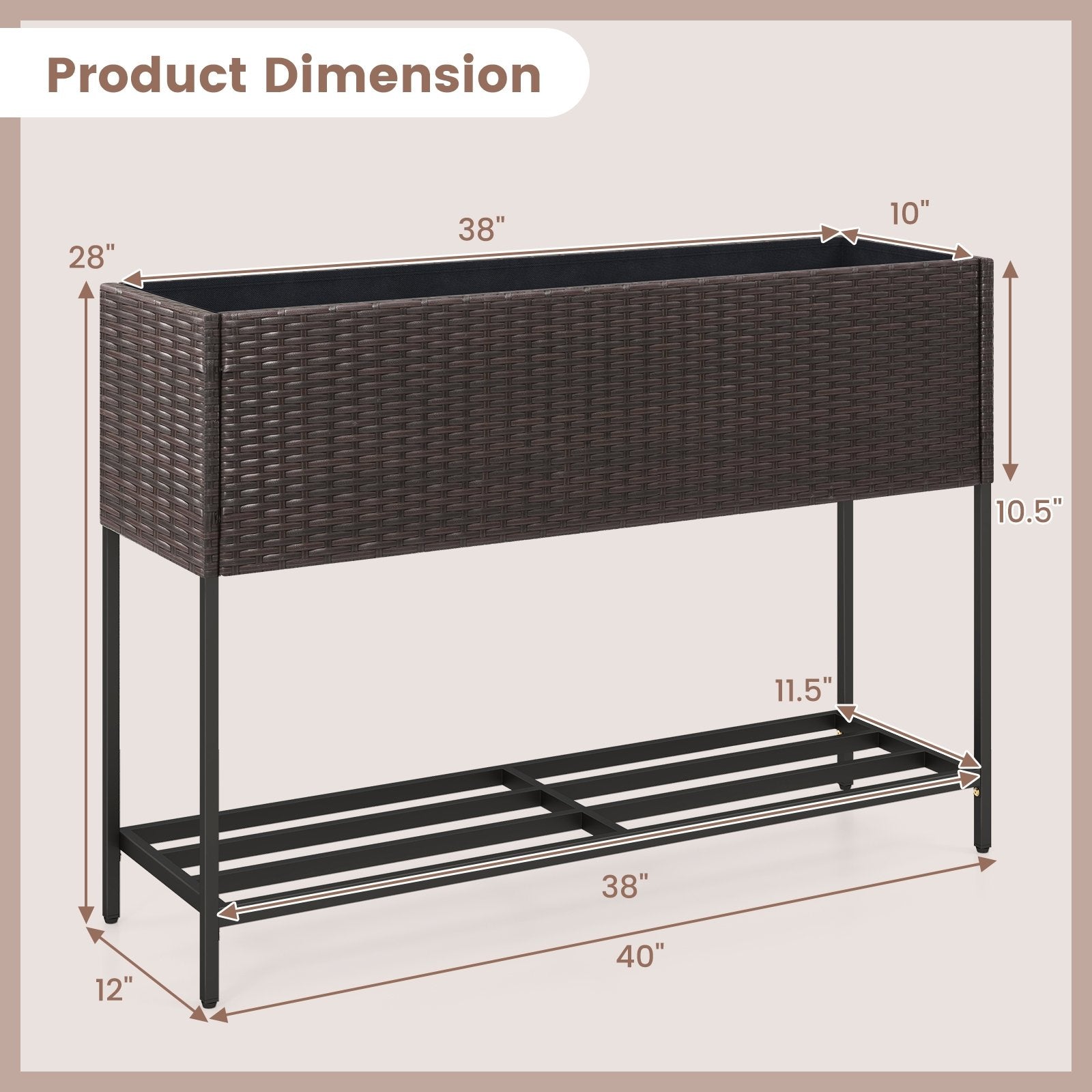 Wicker Raised Garden Bed with Storage Shelf and Drainage Gaps for Flowers, Brown Raised Garden Beds   at Gallery Canada