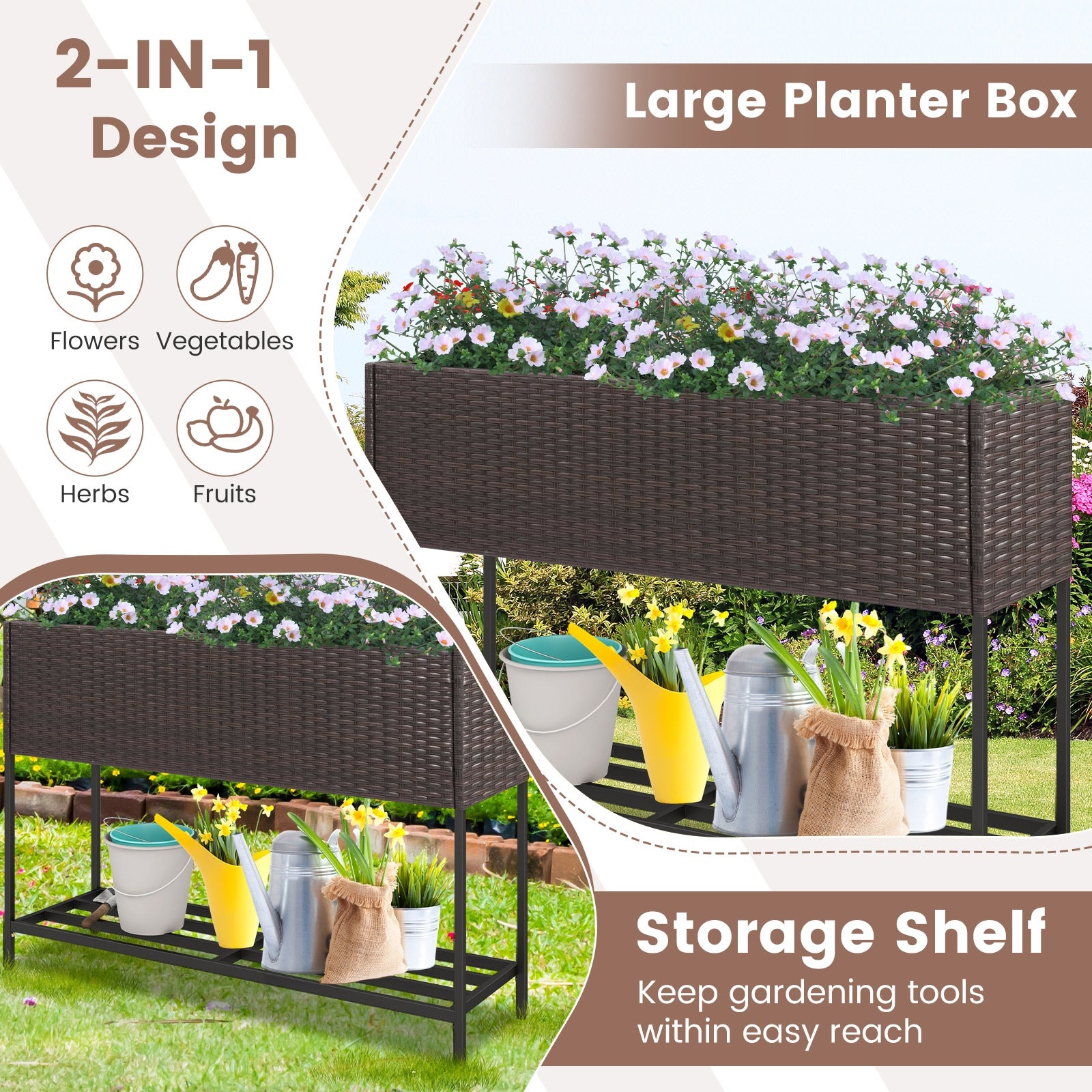 Wicker Raised Garden Bed with Storage Shelf and Drainage Gaps for Flowers, Brown Raised Garden Beds   at Gallery Canada