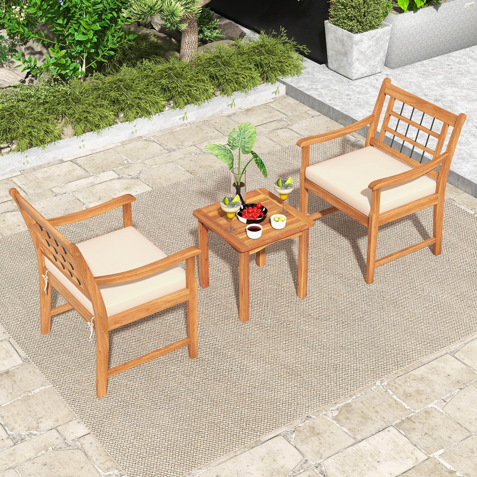 3 Piece Wood Patio Furniture Set with Seat Cushions and Acacia Wood Frame, White Patio Conversation Sets   at Gallery Canada