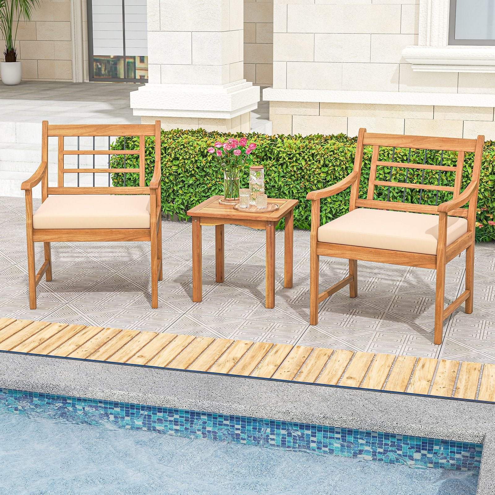 3 Piece Wood Patio Furniture Set with Seat Cushions and Acacia Wood Frame, White Patio Conversation Sets   at Gallery Canada