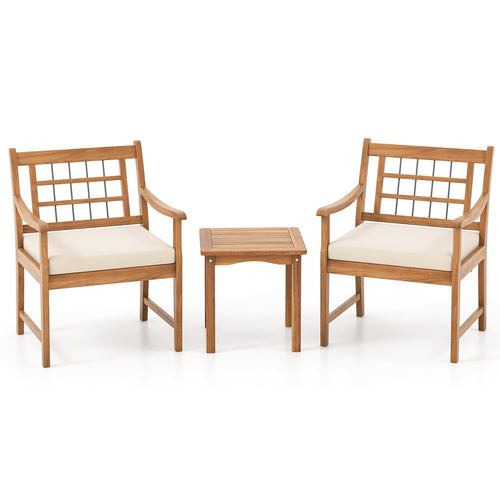 3 Piece Wood Patio Furniture Set with Seat Cushions and Acacia Wood Frame, White