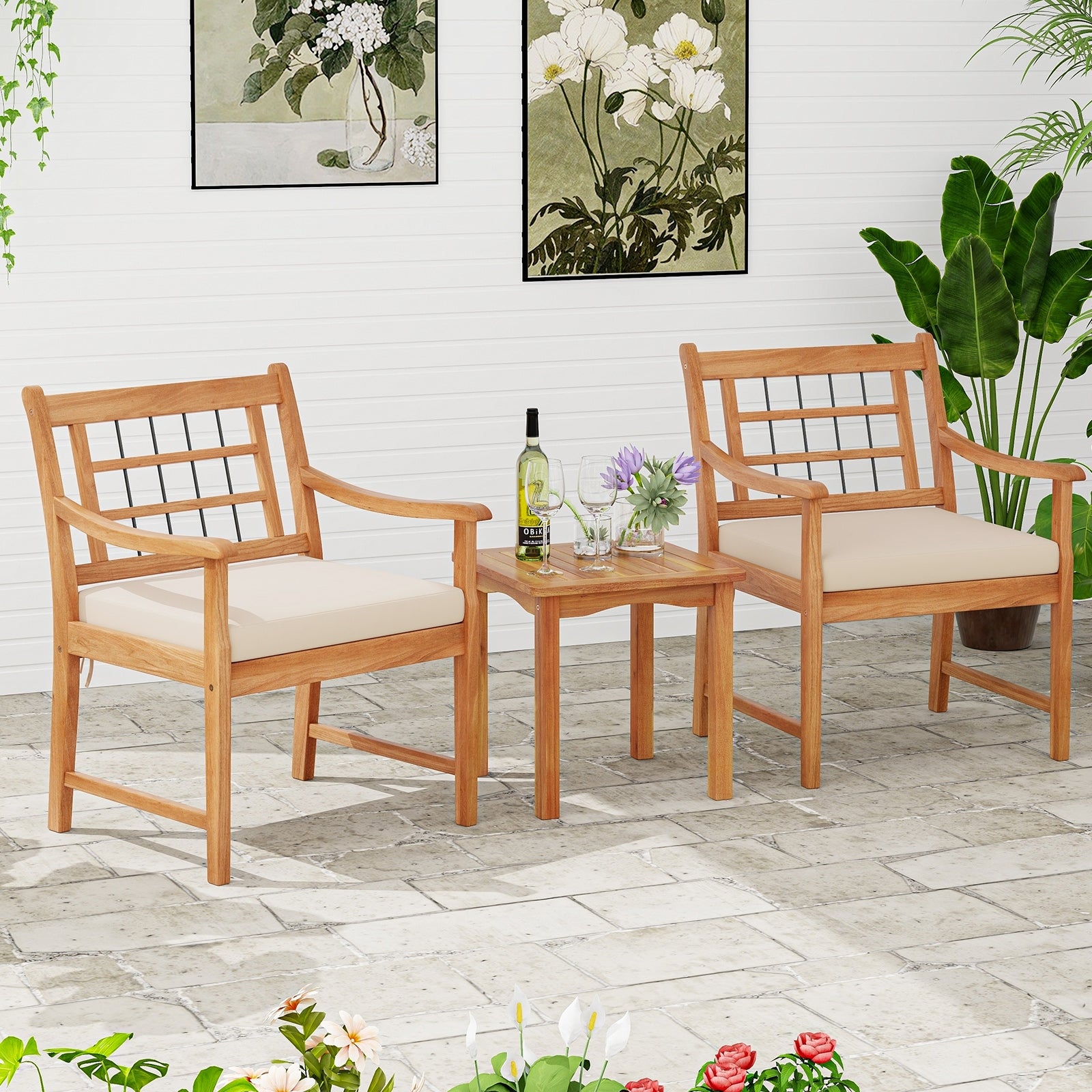 3 Piece Wood Patio Furniture Set with Seat Cushions and Acacia Wood Frame, White Patio Conversation Sets   at Gallery Canada