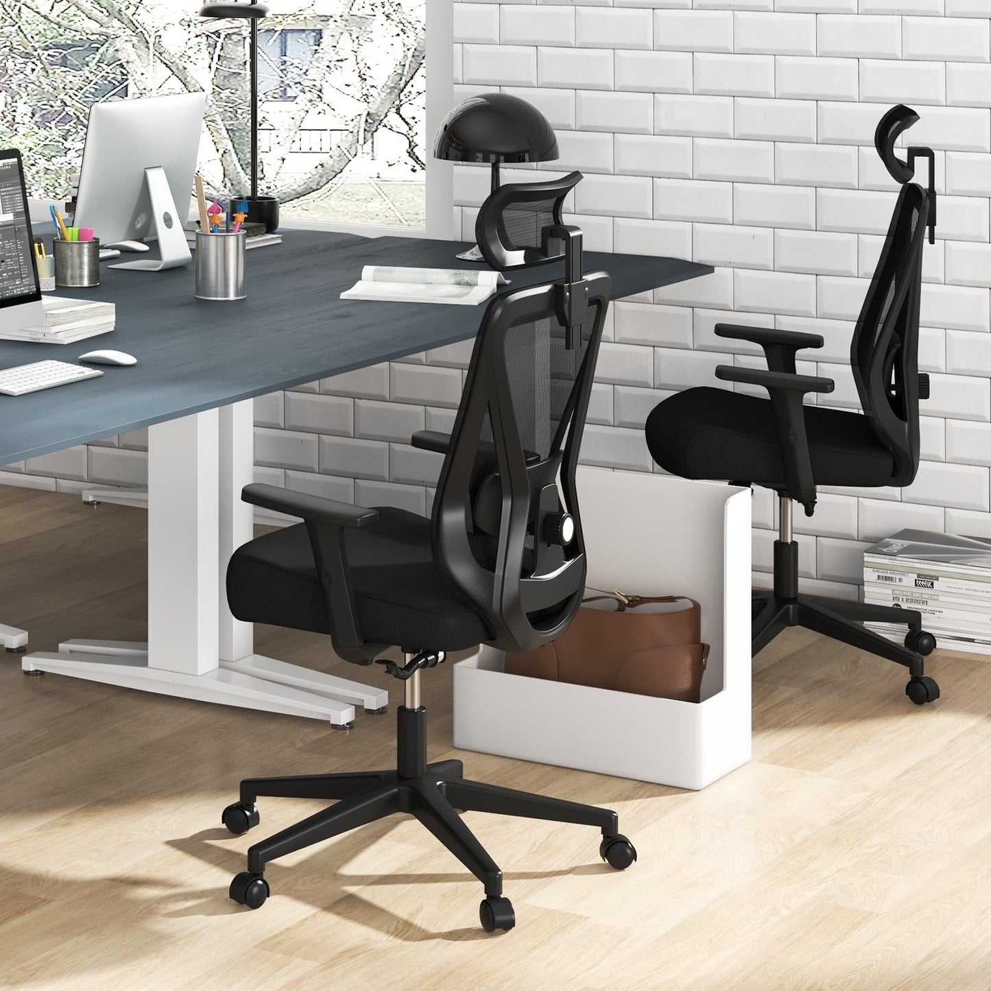 Mesh Ergonomic Office Chair Adjustable Swivel Task Chair with Rocking Backrest, Black Mesh Chairs   at Gallery Canada