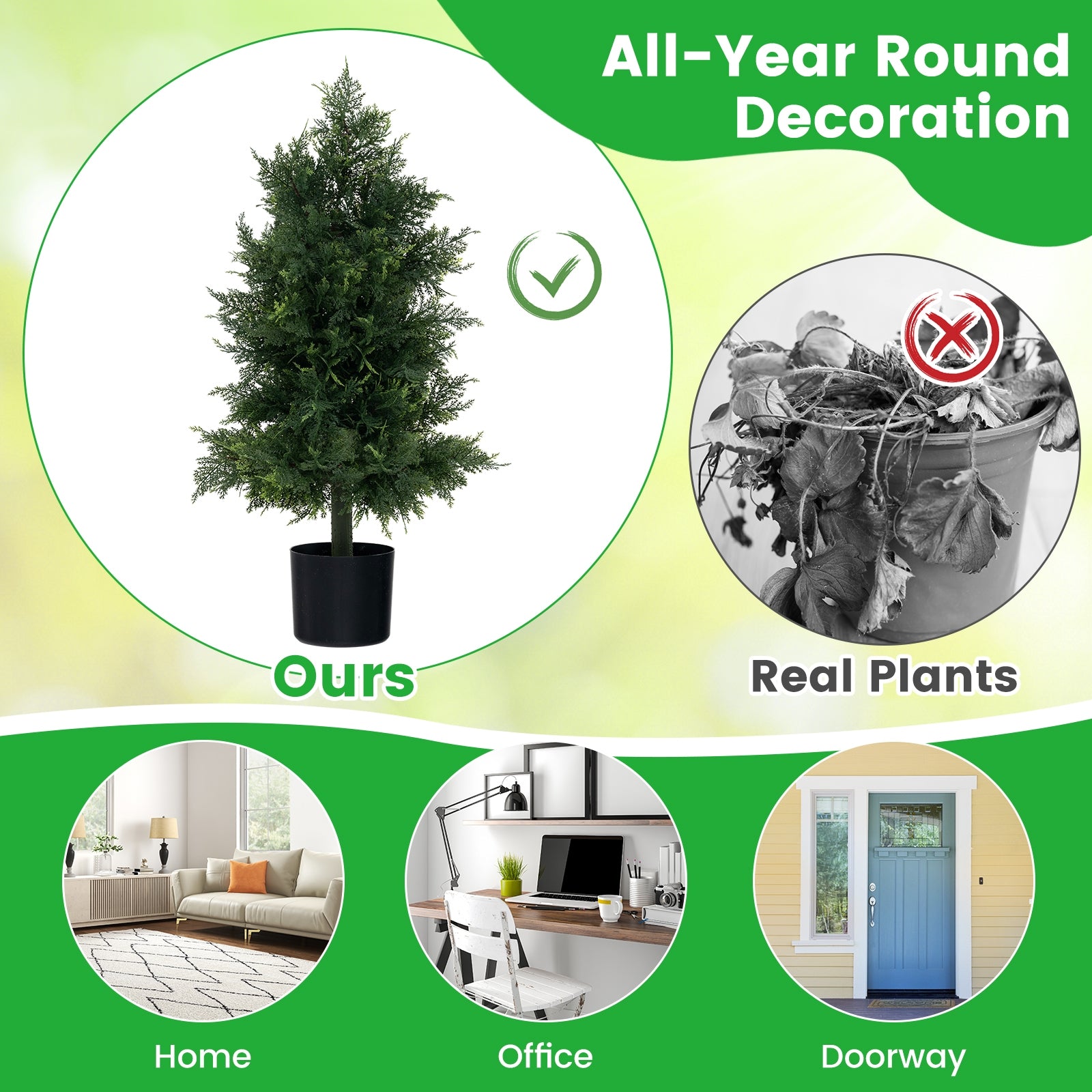 Artificial Cedar Topiary Tree with Plastic Nursery Pot for Porch and Office, Black & Green Faux Plants   at Gallery Canada