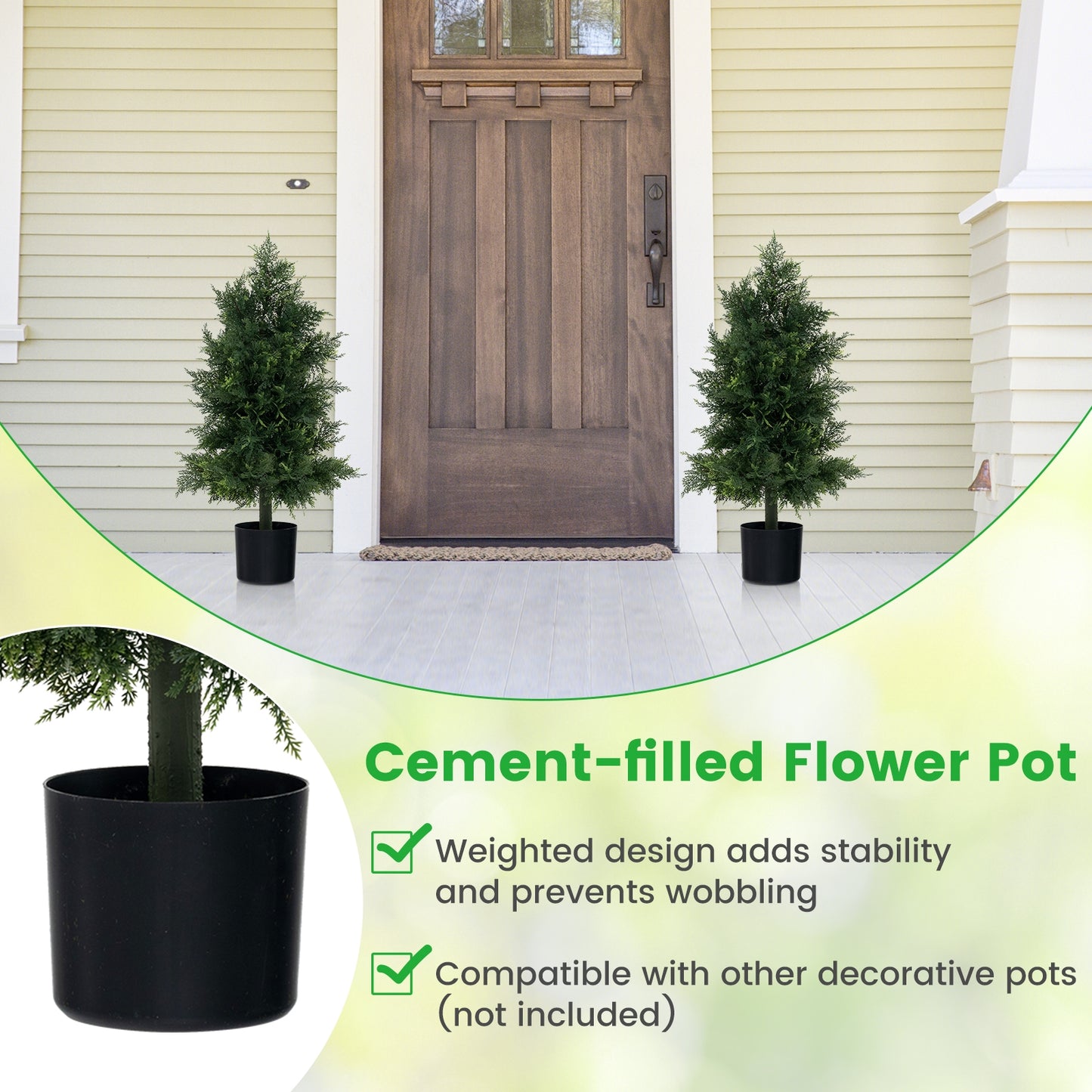 Artificial Cedar Topiary Tree with Plastic Nursery Pot for Porch and Office, Black & Green Faux Plants   at Gallery Canada