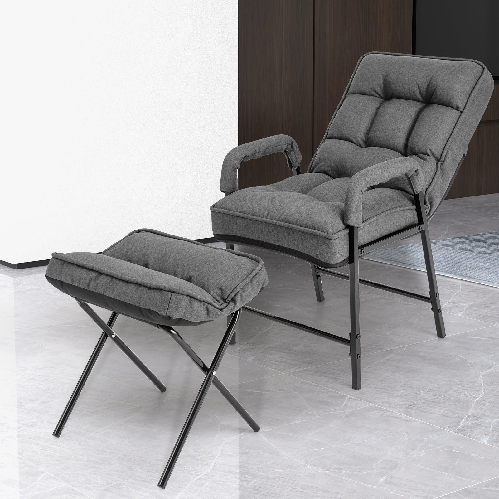 Linen Fabric Modern Accent Chair with Ottoman and Adjustable Backrest, Gray Accent Chairs   at Gallery Canada