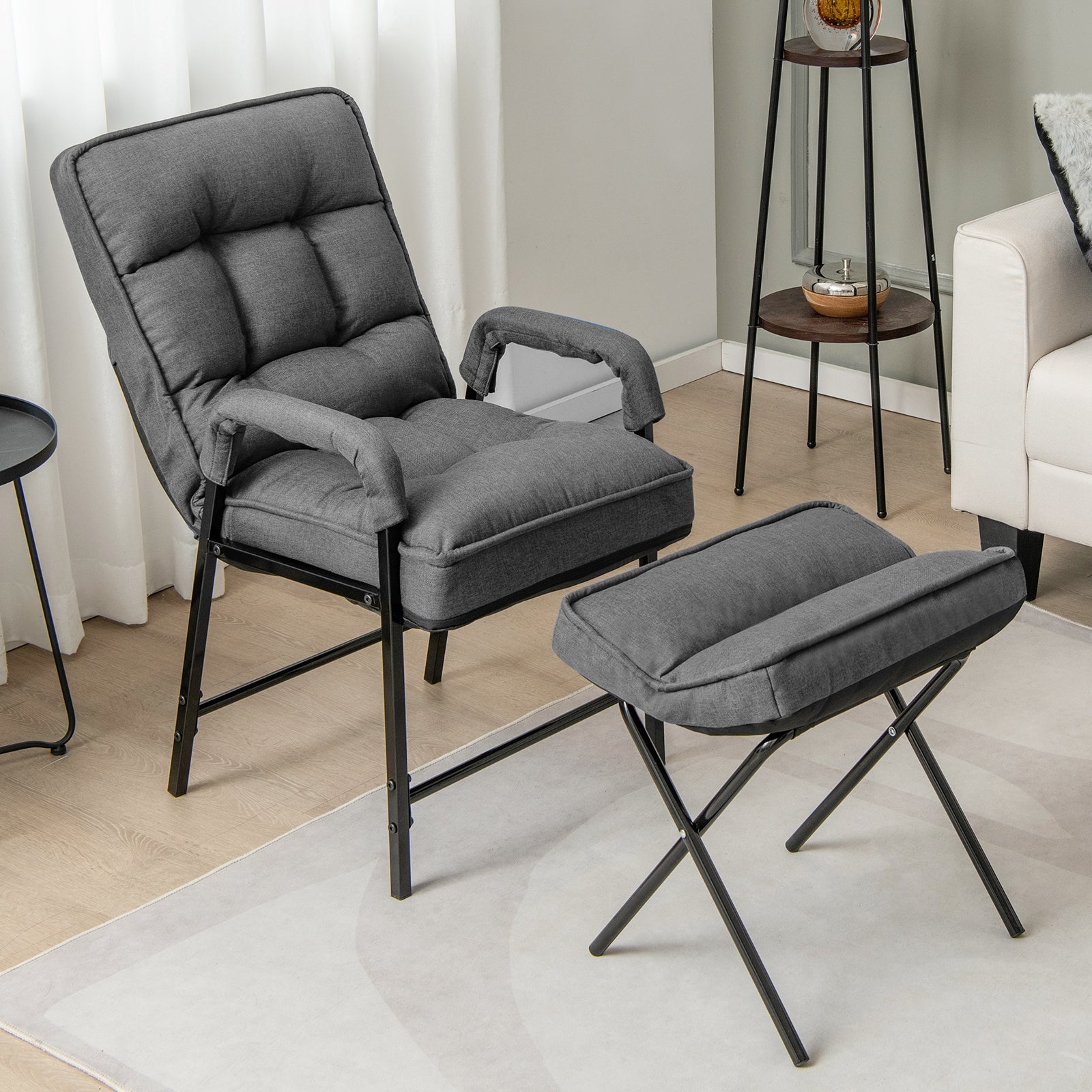 Linen Fabric Modern Accent Chair with Ottoman and Adjustable Backrest, Gray Accent Chairs   at Gallery Canada