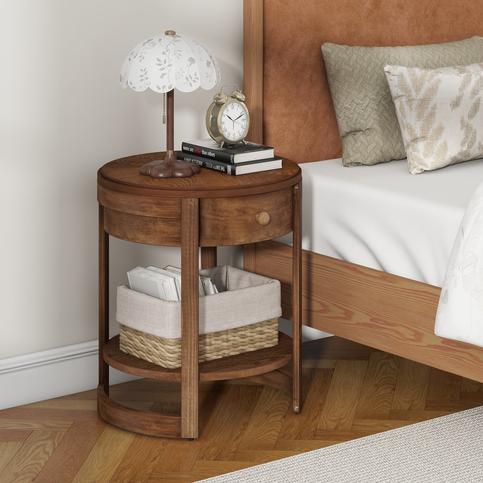 2-Tier Round End Table Mid Century Modern Nightstand with Drawer and Shelf, Brown End & Side Tables   at Gallery Canada