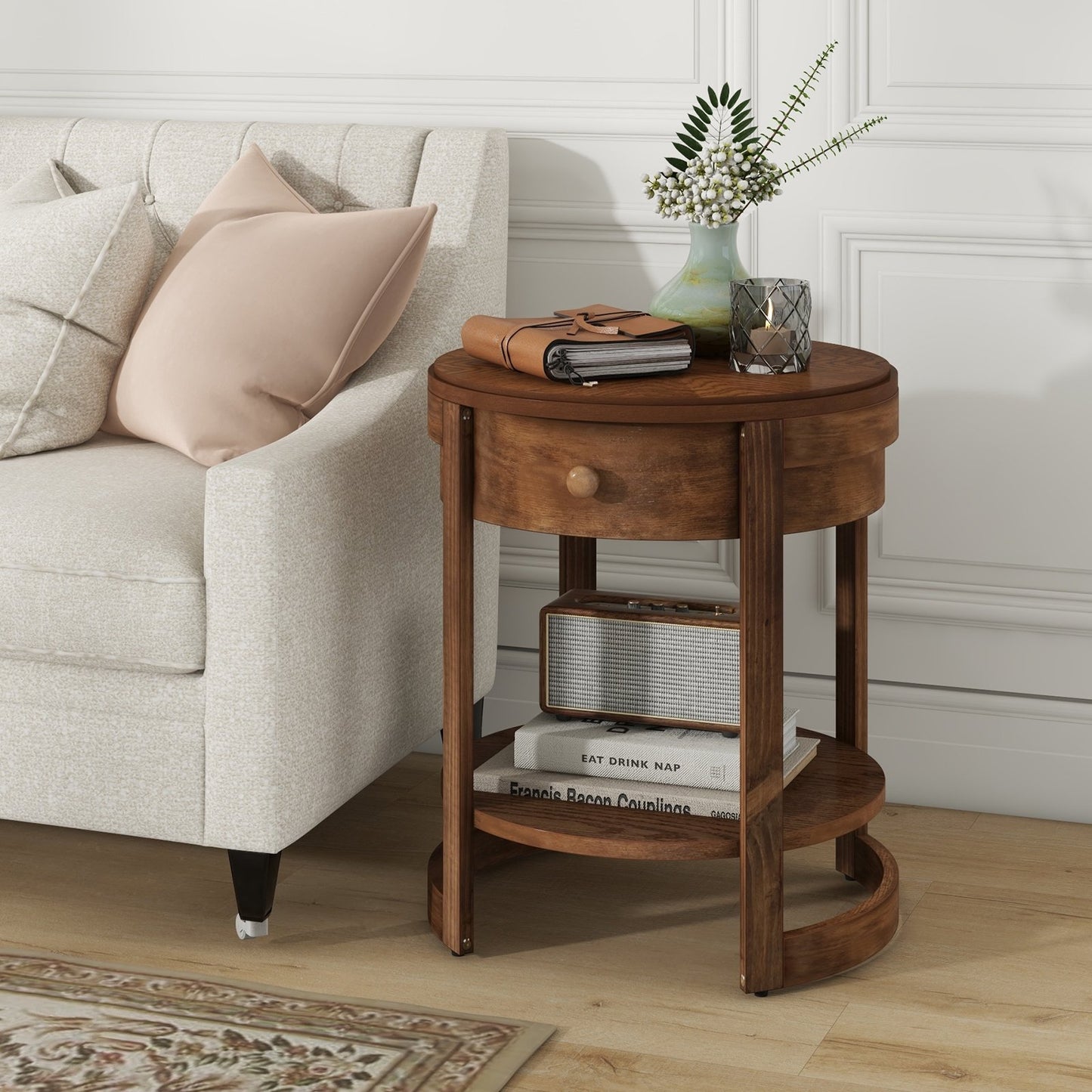 2-Tier Round End Table Mid Century Modern Nightstand with Drawer and Shelf, Brown End & Side Tables   at Gallery Canada