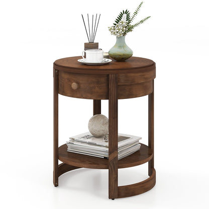 2-Tier Round End Table Mid Century Modern Nightstand with Drawer and Shelf, Brown End & Side Tables Brown  at Gallery Canada