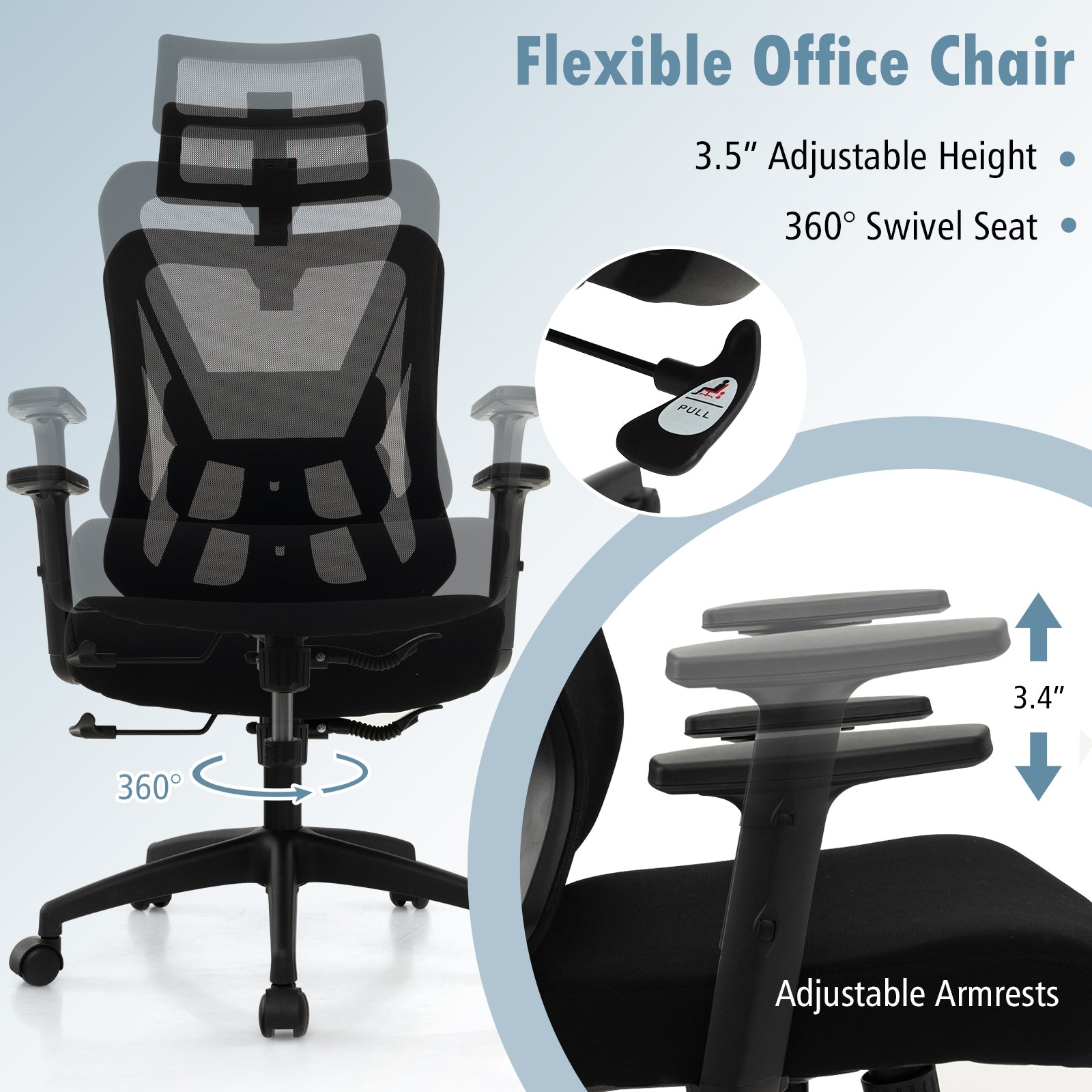 Mesh Ergonomic Office Chair Adjustable Swivel Task Chair with Rocking Backrest, Black Mesh Chairs   at Gallery Canada