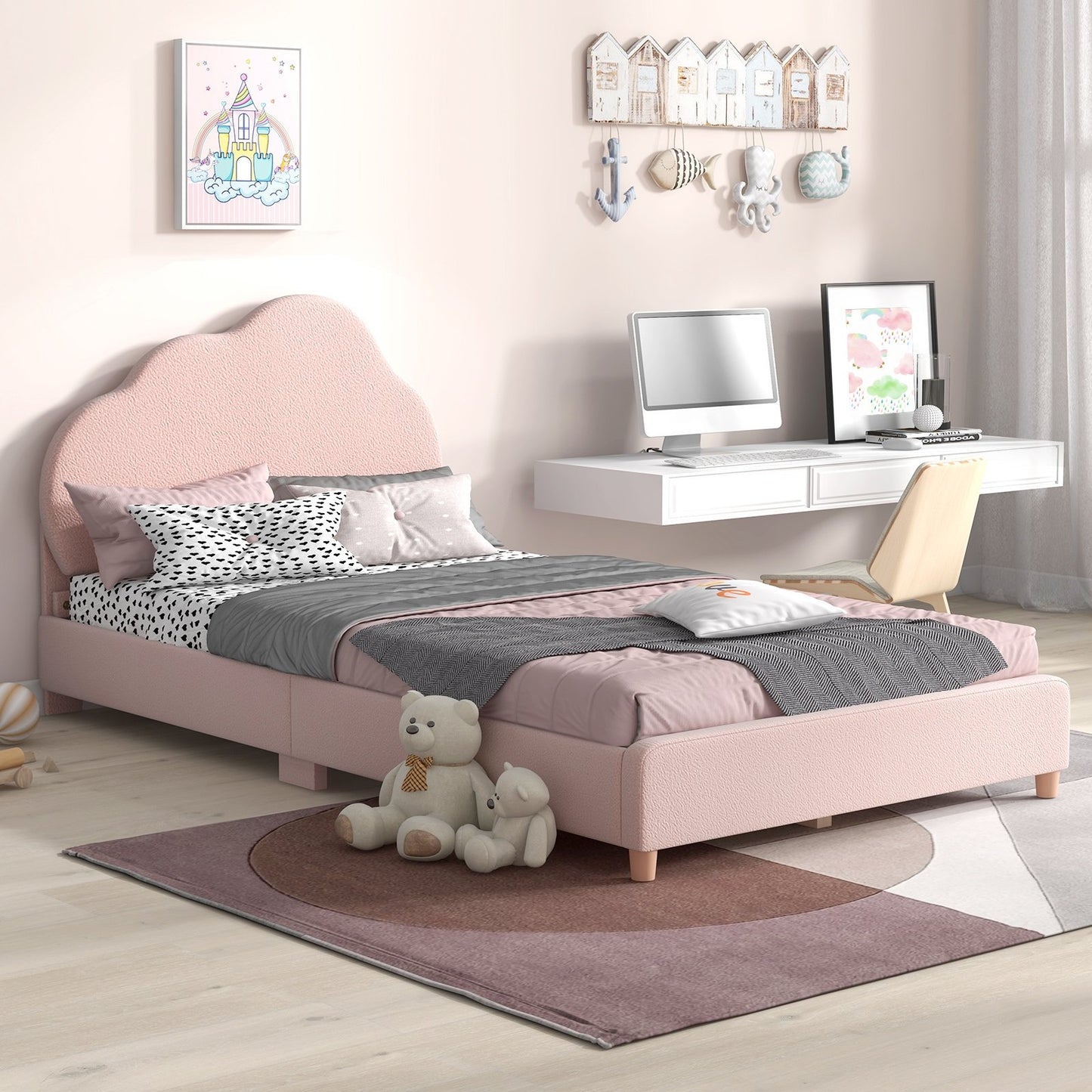 Twin Bed Frame with Height-Adjustable Headboard and Sturdy Wooden Slats, Gradient Pink Toddler Beds   at Gallery Canada