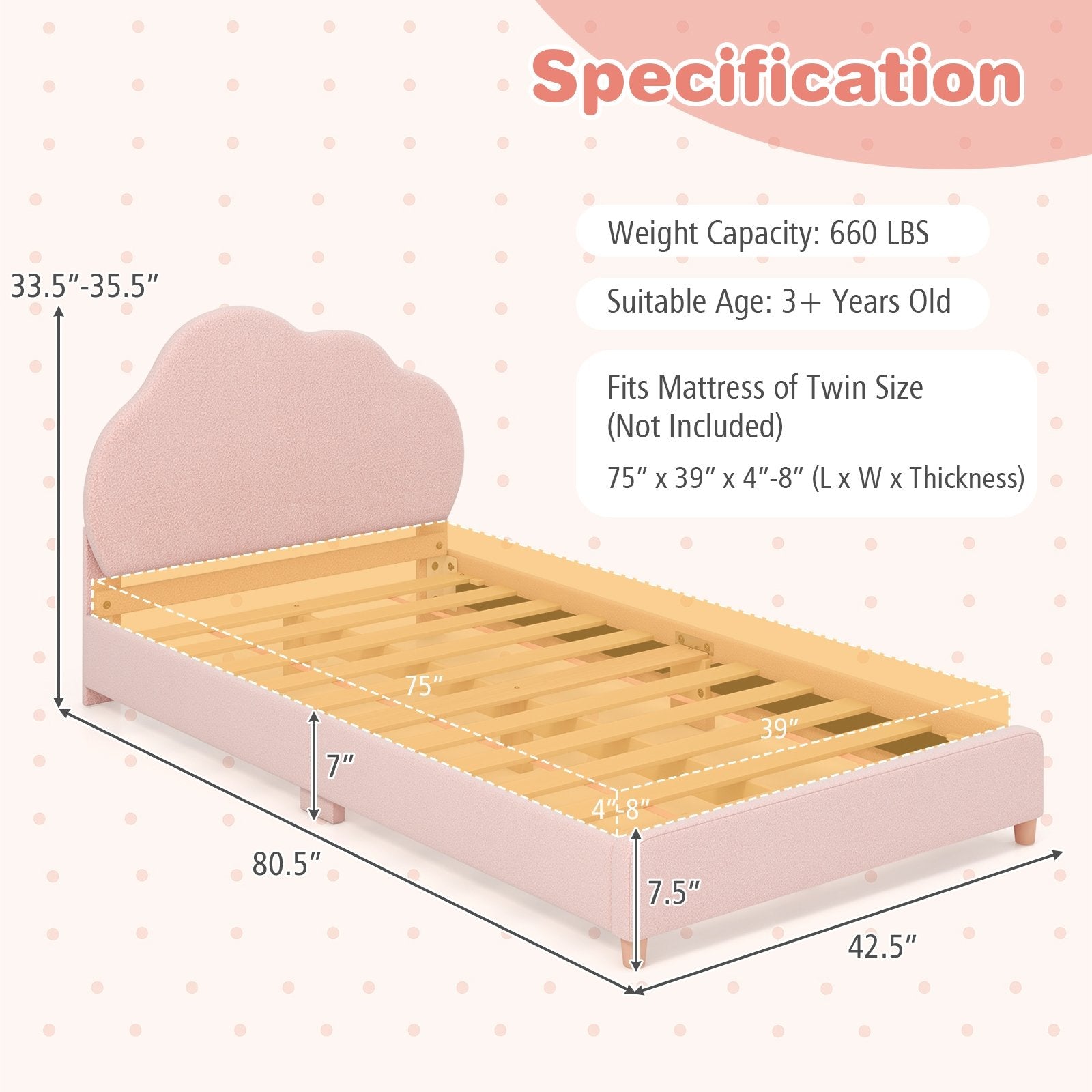 Twin Bed Frame with Height-Adjustable Headboard and Sturdy Wooden Slats, Gradient Pink Toddler Beds   at Gallery Canada