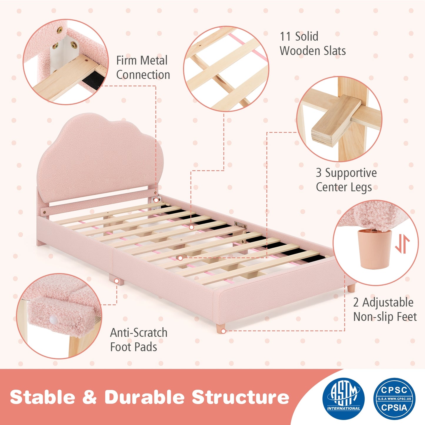 Twin Bed Frame with Height-Adjustable Headboard and Sturdy Wooden Slats, Gradient Pink Toddler Beds   at Gallery Canada