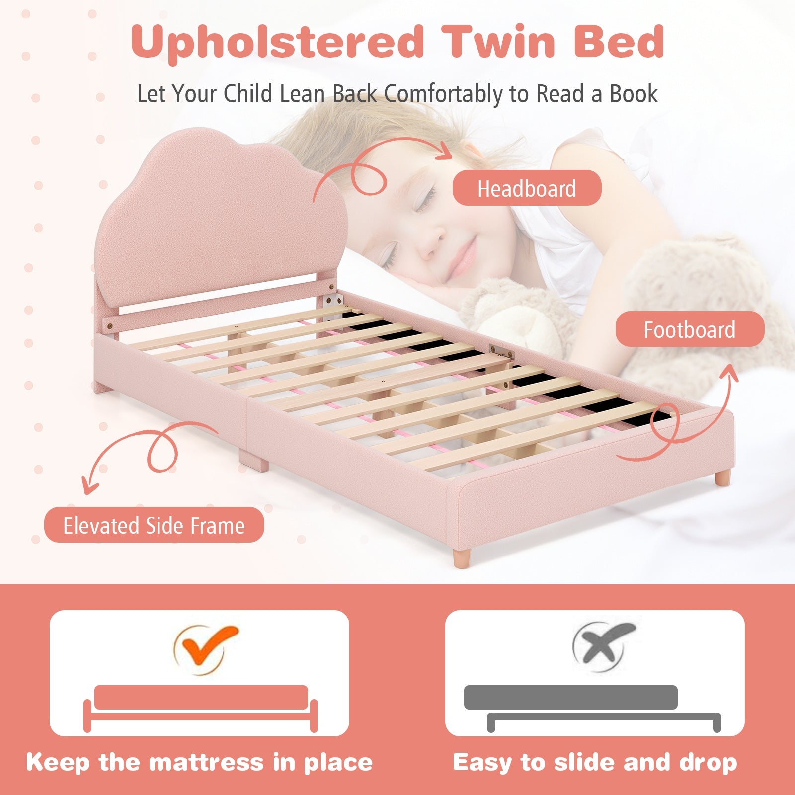 Twin Bed Frame with Height-Adjustable Headboard and Sturdy Wooden Slats, Gradient Pink Toddler Beds   at Gallery Canada