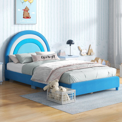 Twin Bed Frame with Height-Adjustable Headboard and Sturdy Wooden Slats, Blue Toddler Beds   at Gallery Canada