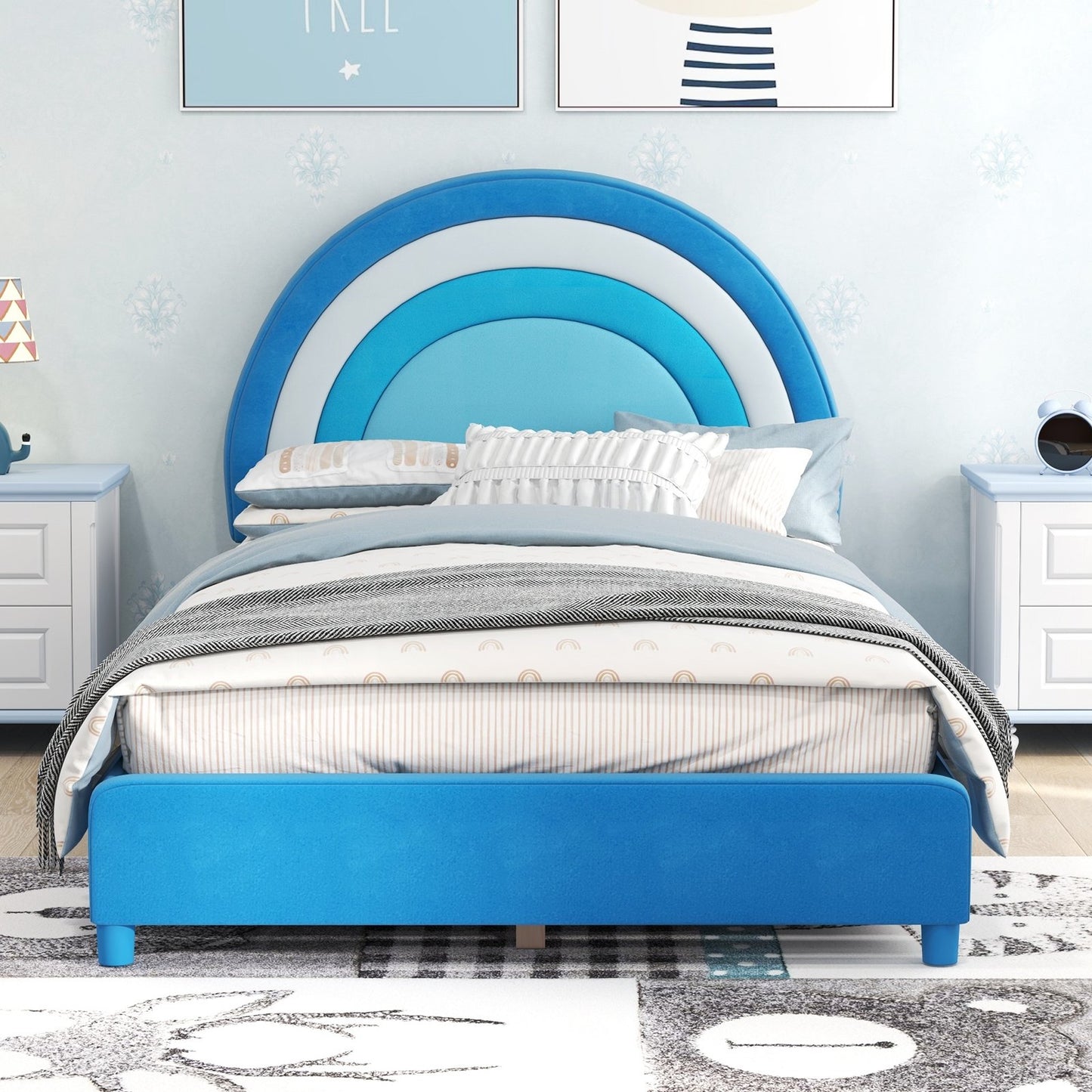 Twin Bed Frame with Height-Adjustable Headboard and Sturdy Wooden Slats, Blue Toddler Beds   at Gallery Canada