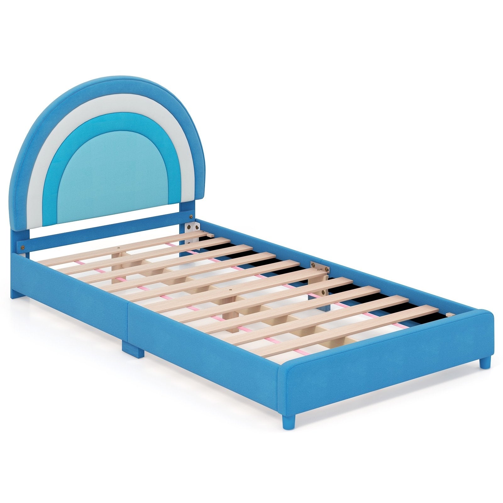 Twin Bed Frame with Height-Adjustable Headboard and Sturdy Wooden Slats, Blue Toddler Beds Blue at Gallery Canada